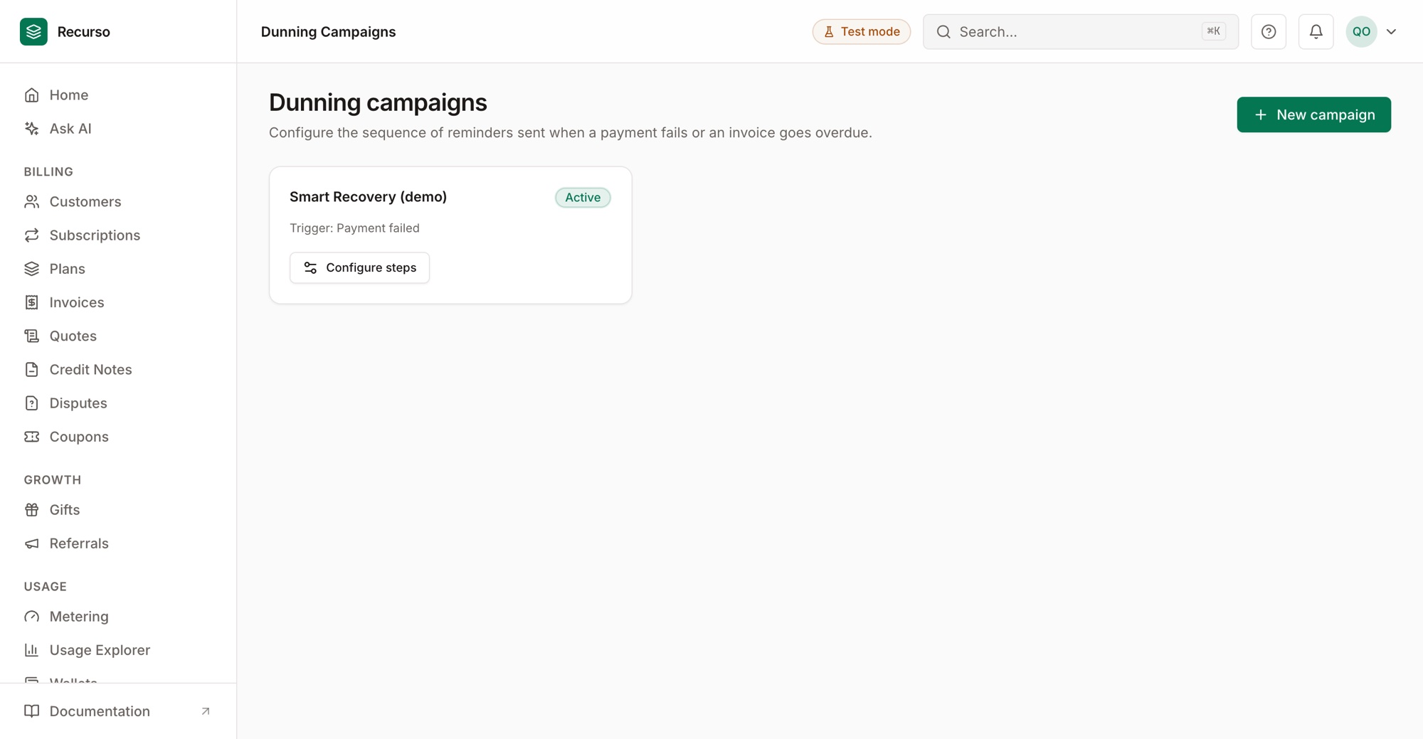 Dunning campaigns in the dashboard