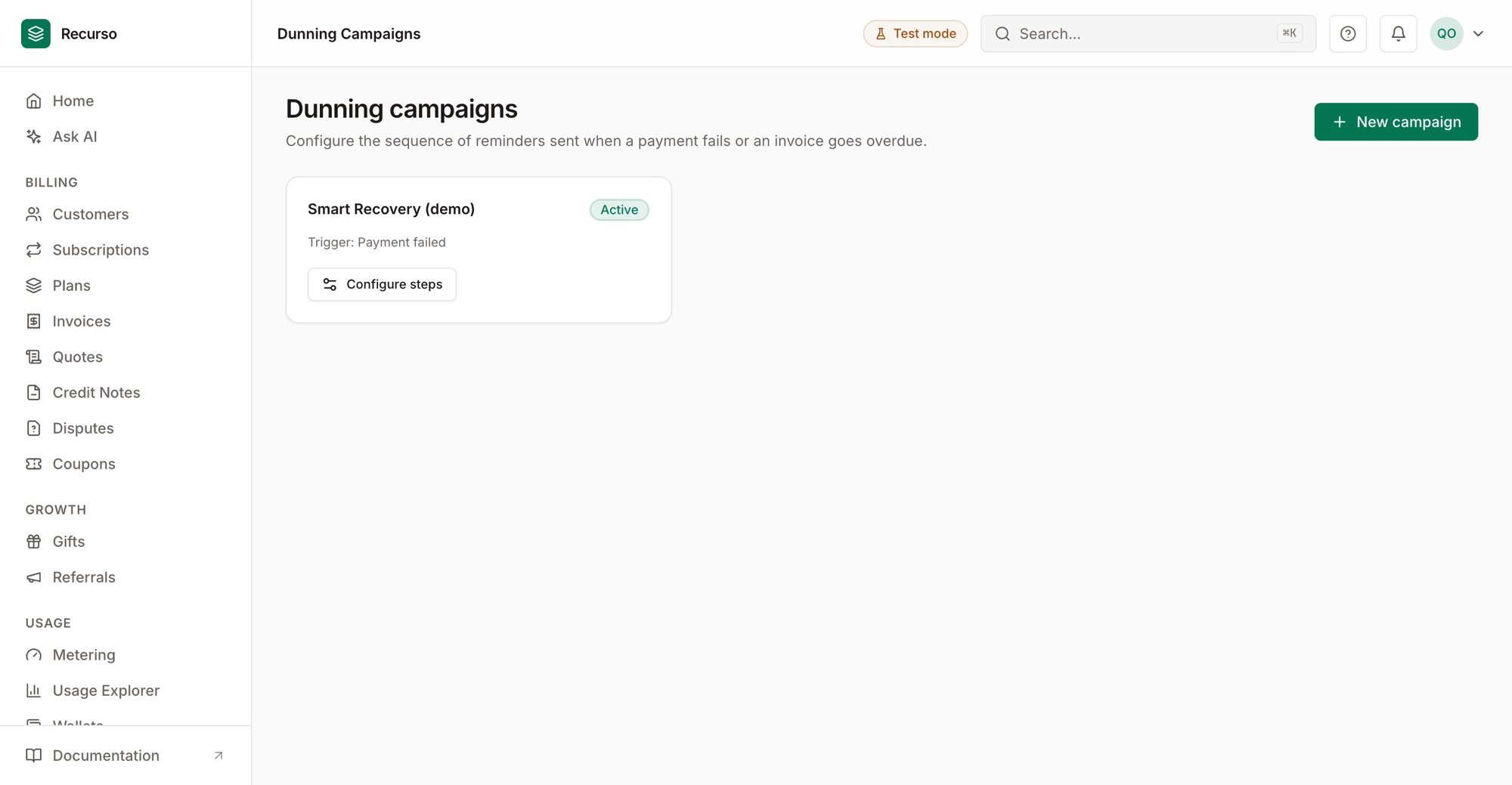 Dunning campaigns in the dashboard