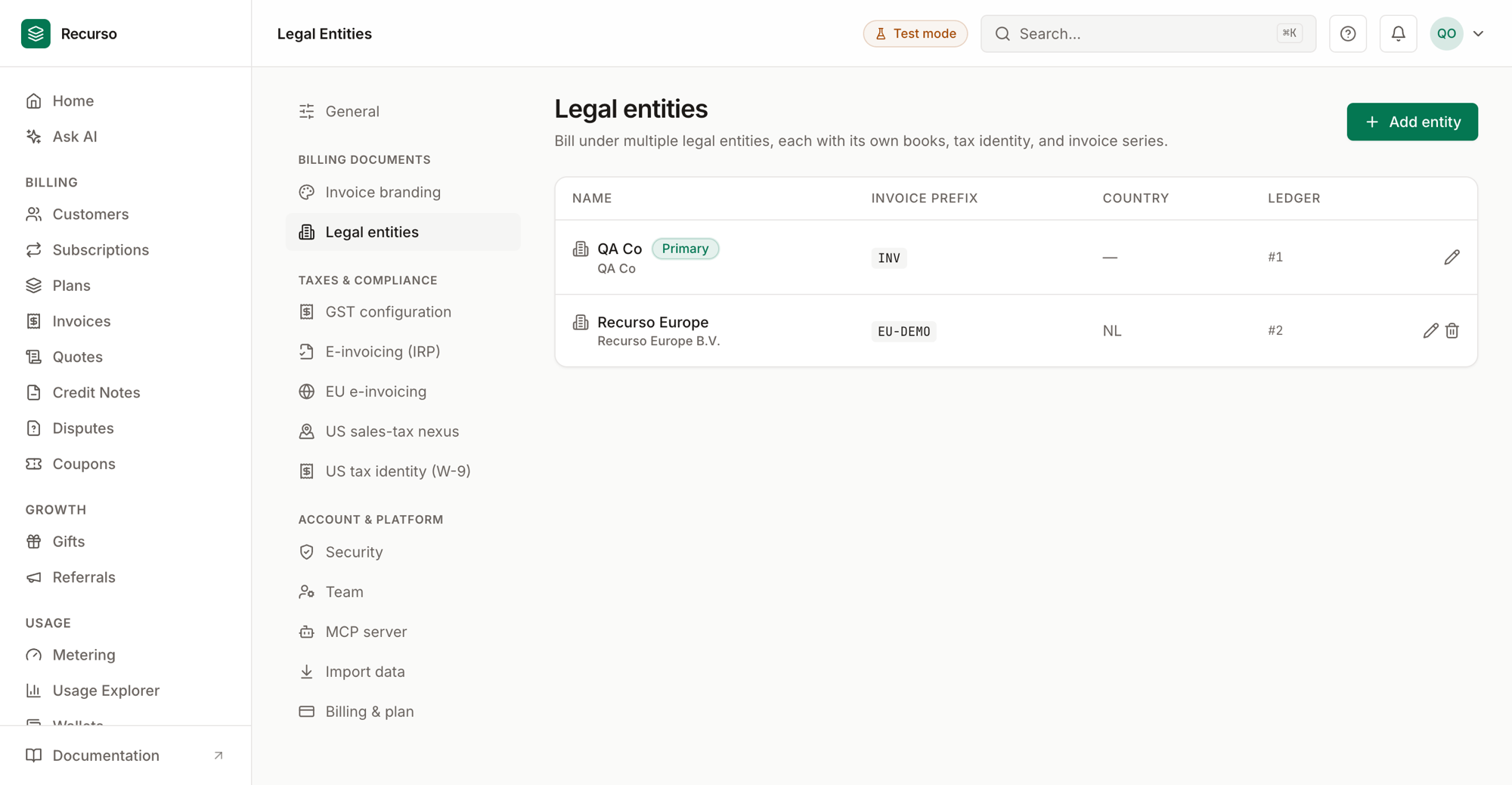 Legal entities in the Recurso dashboard
