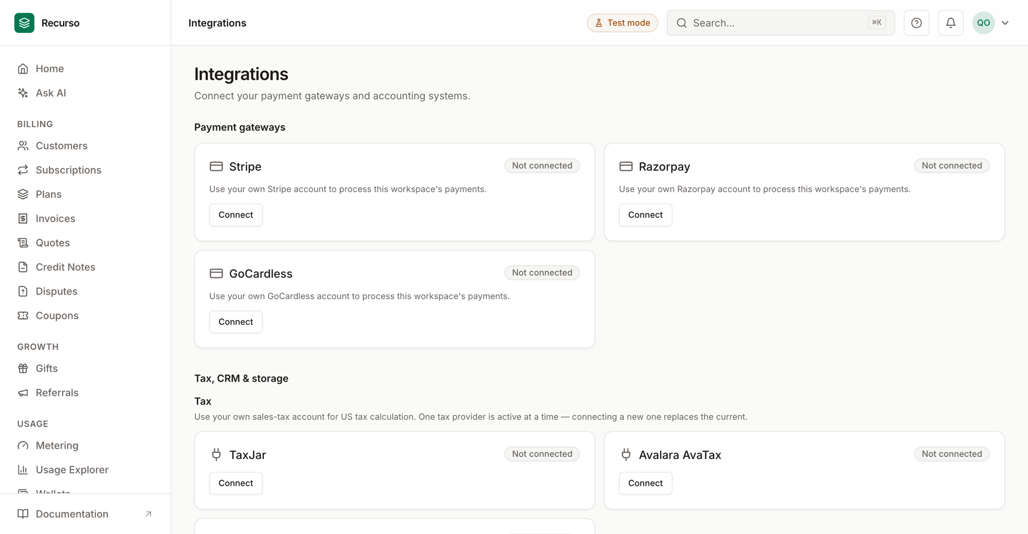 The Integrations page in the Recurso dashboard