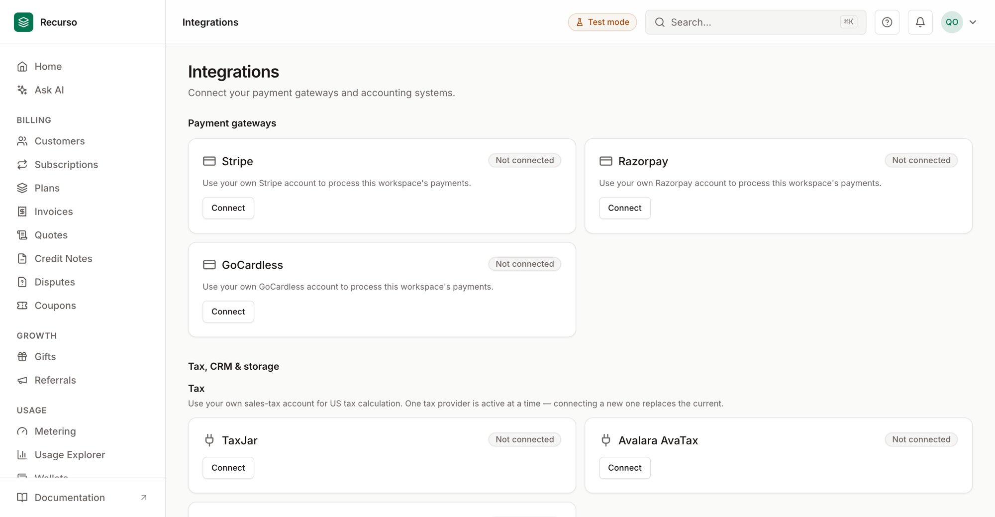 The Integrations page in the Recurso dashboard