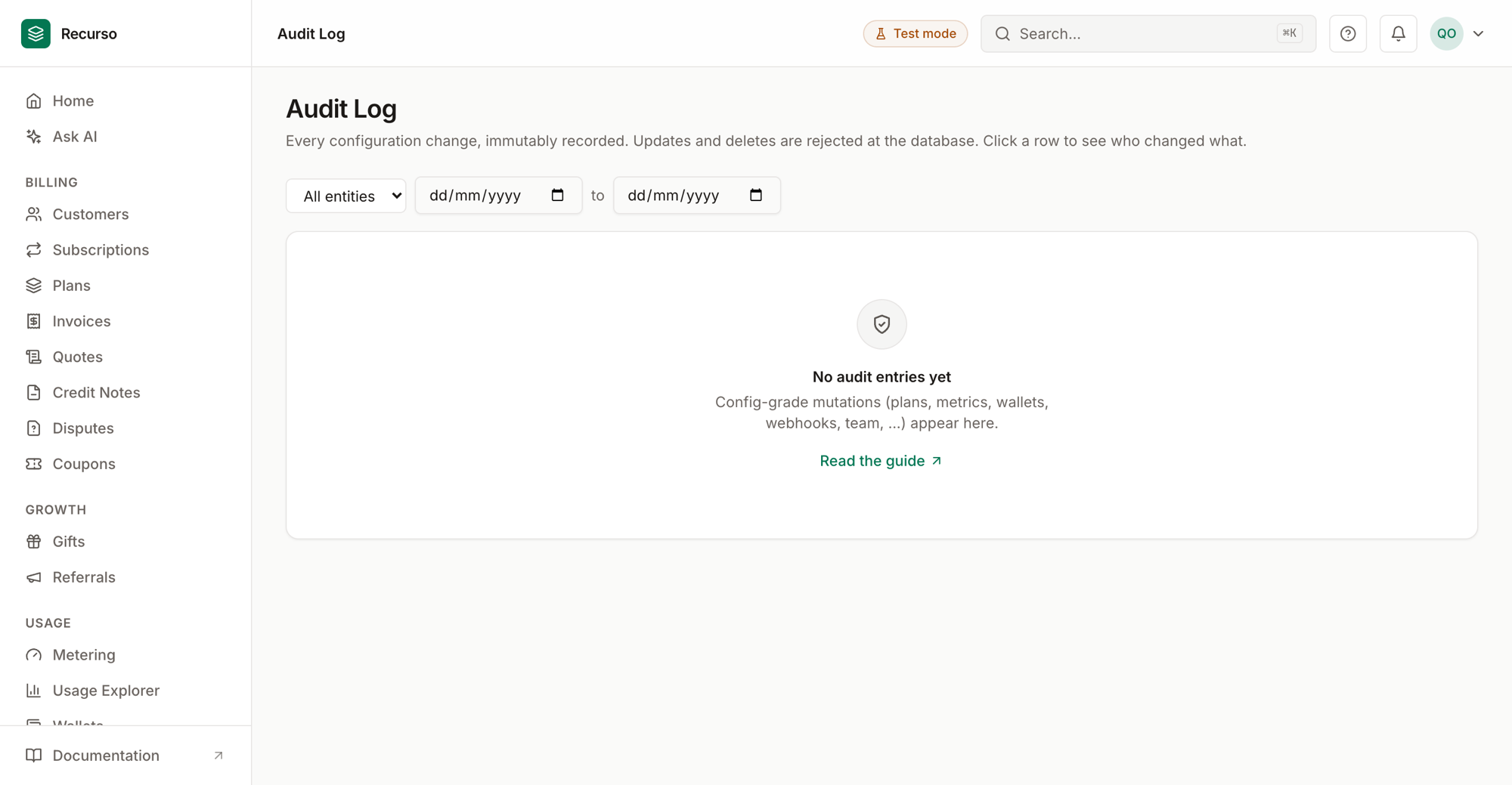 The ledger & audit view in the Recurso dashboard