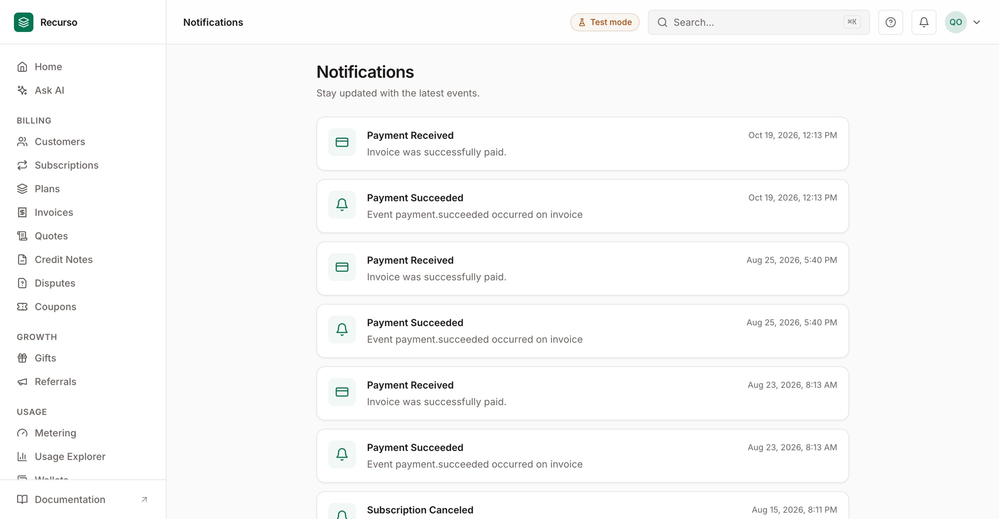 The Notifications page in the Recurso dashboard