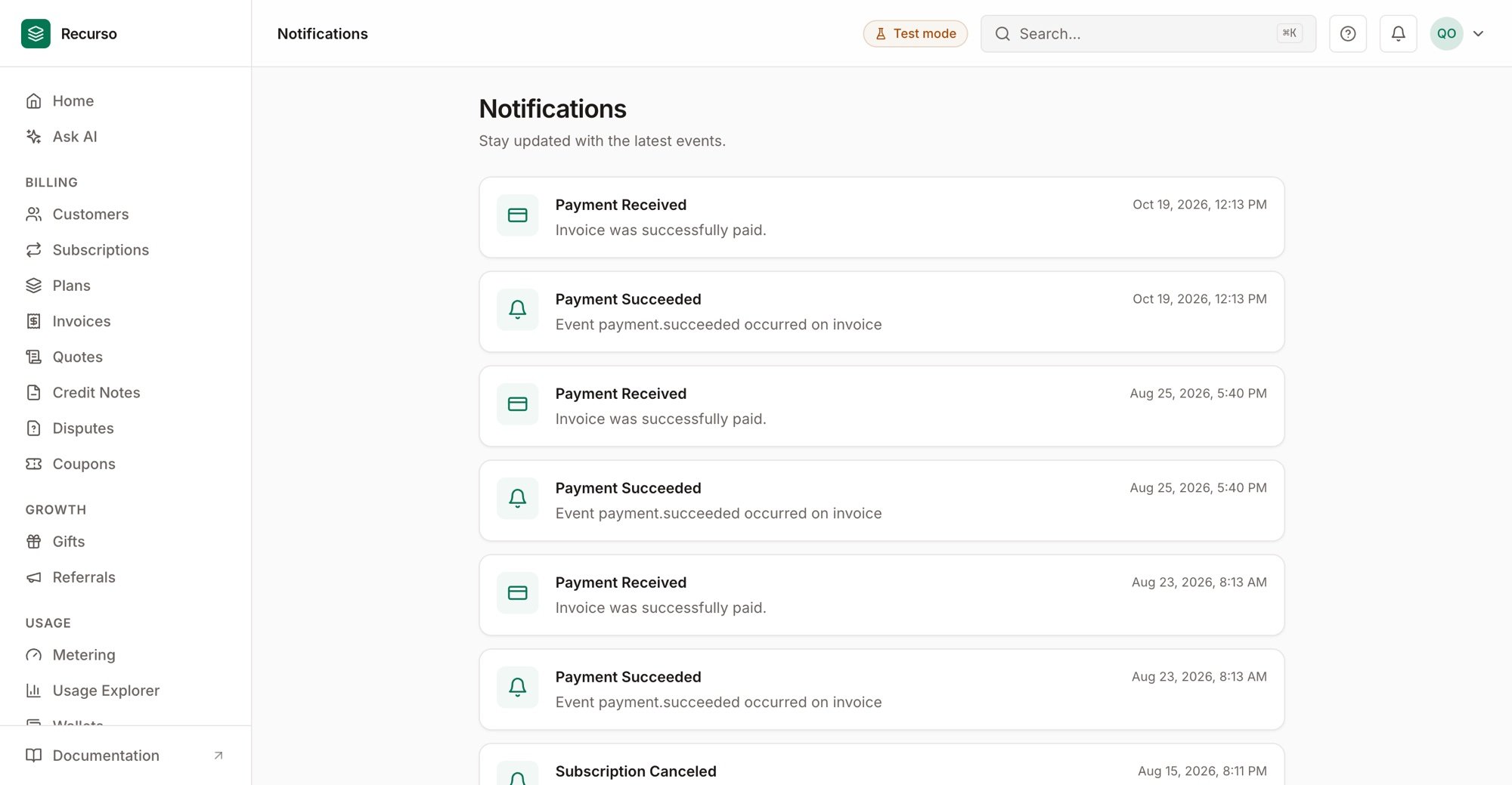 The Notifications page in the Recurso dashboard