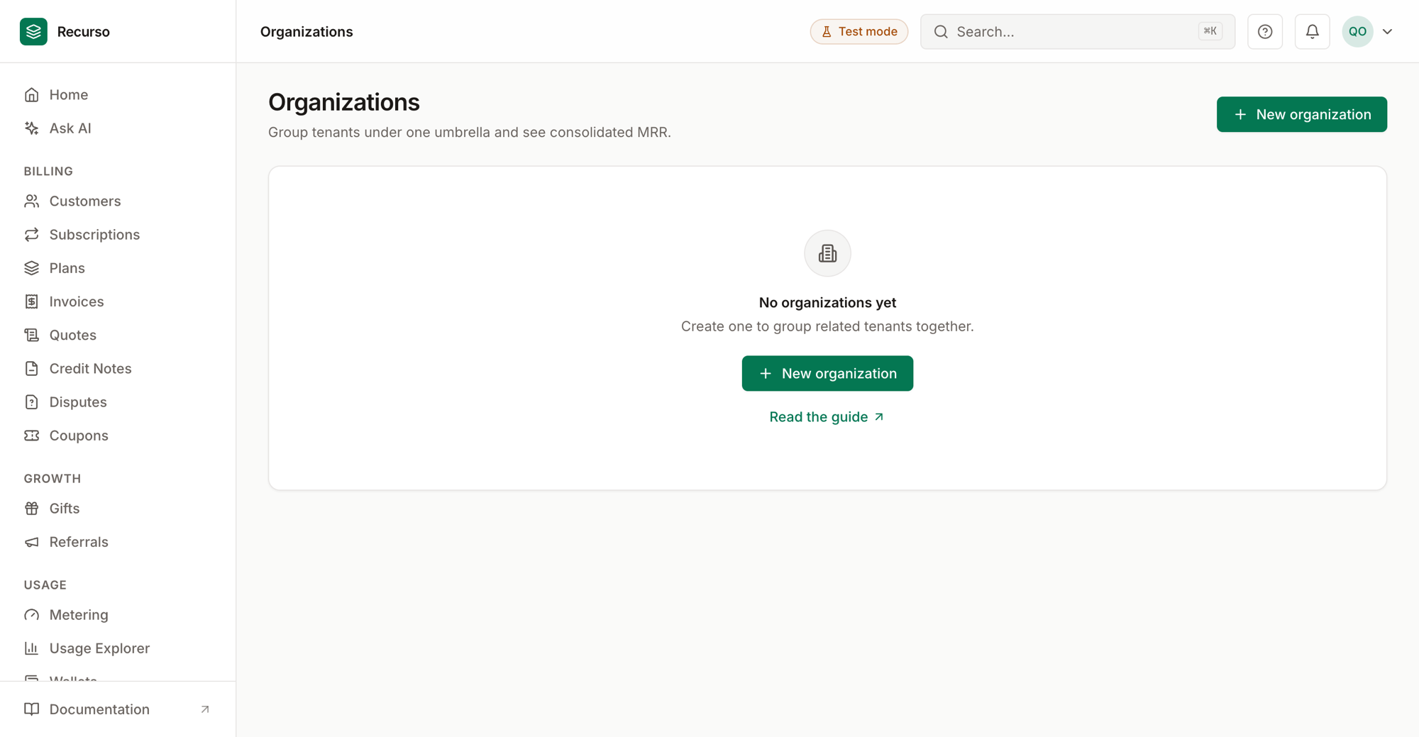 The Organizations page in the Recurso dashboard