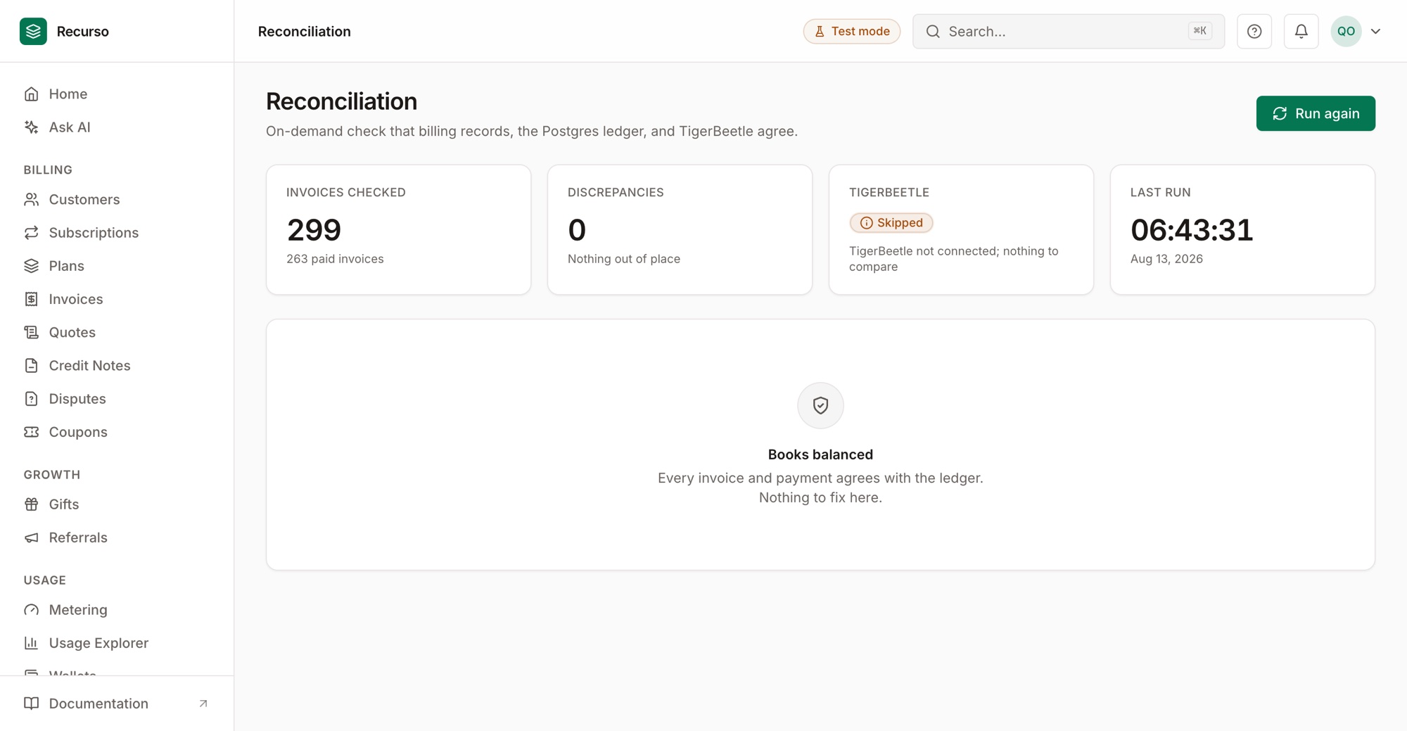 Reconciliation — zero discrepancies, every invoice and payment agrees with the ledger
