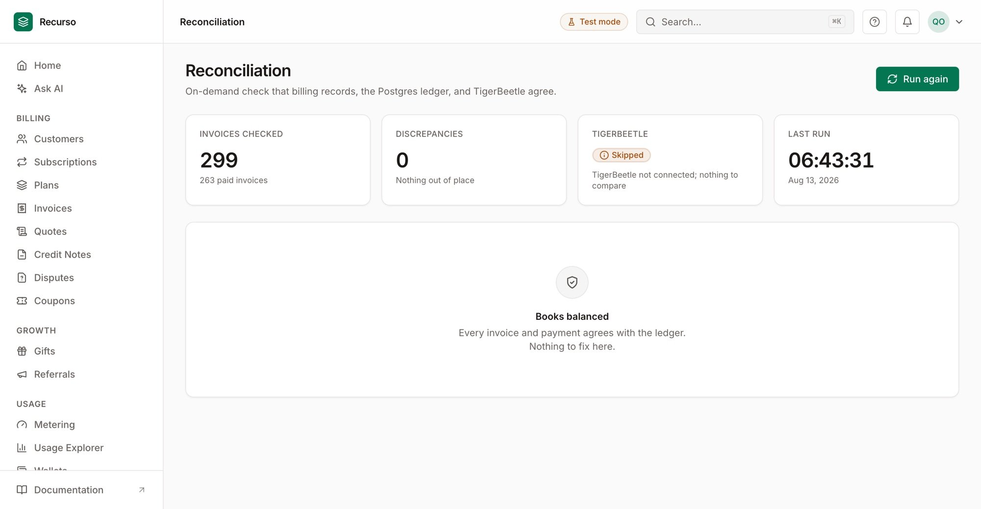 Reconciliation — zero discrepancies, every invoice and payment agrees with the ledger