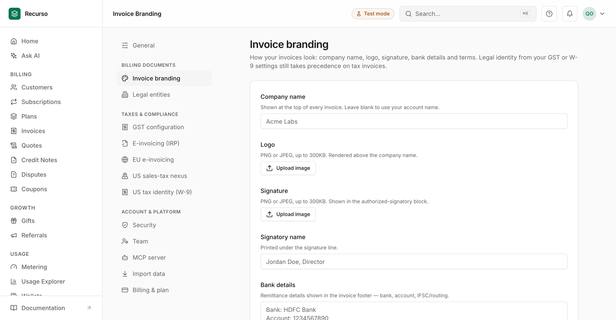 Invoice branding settings