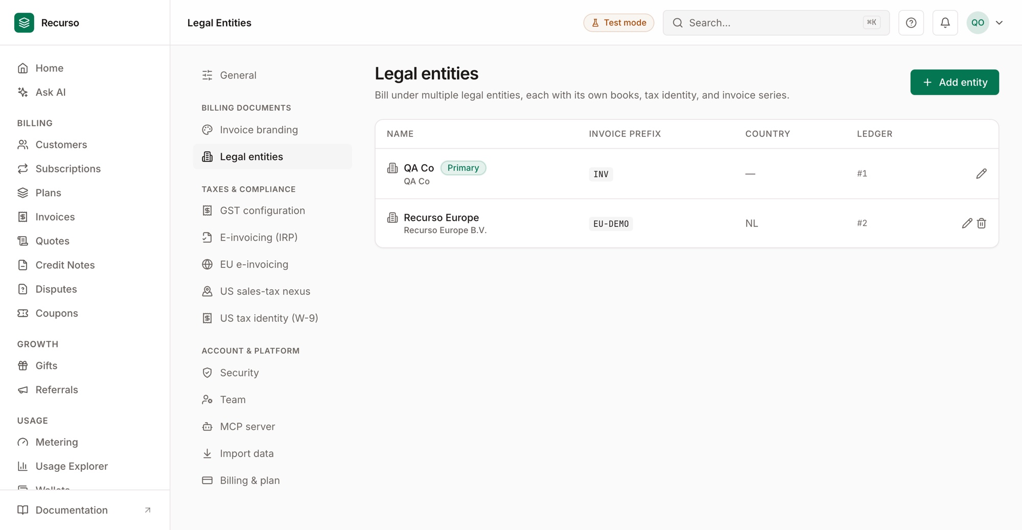 Legal entities settings