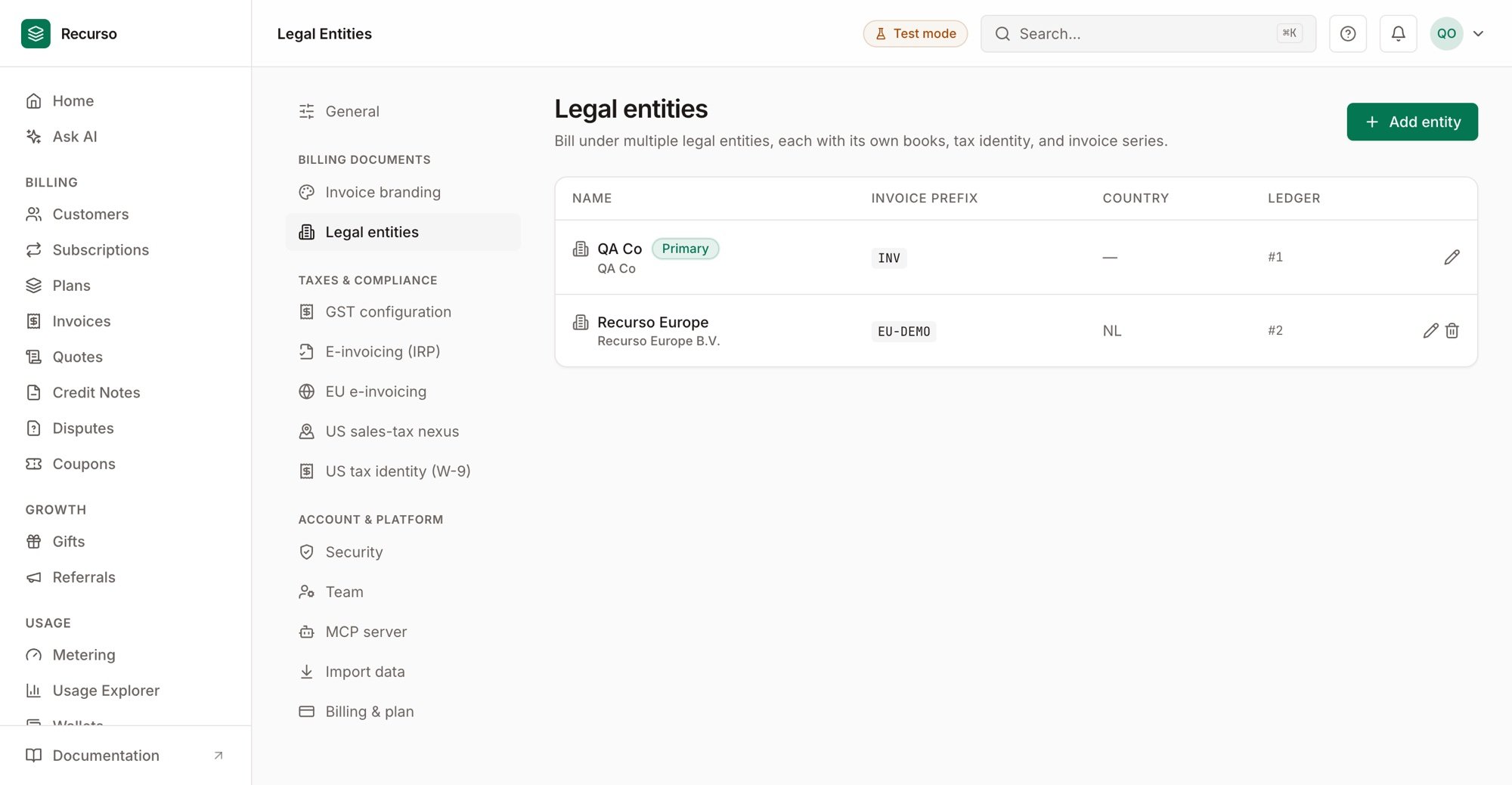 Legal entities settings