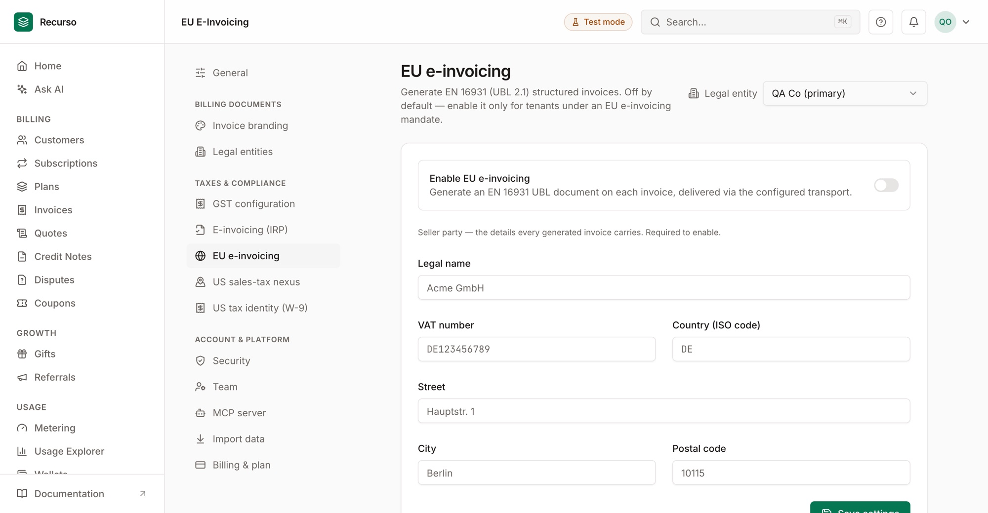 The EU e-invoicing settings page in the Recurso dashboard