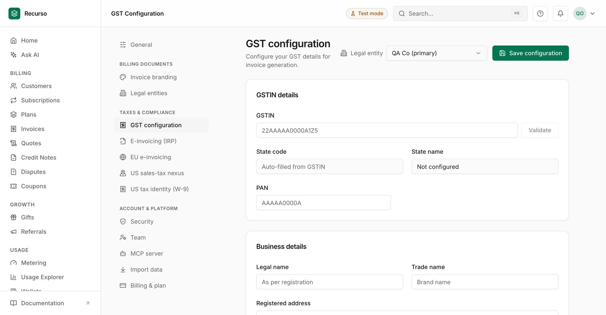 GST configuration in Settings