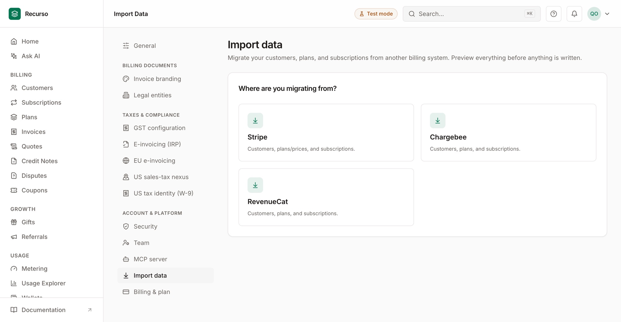 The Import wizard in Settings → Import data