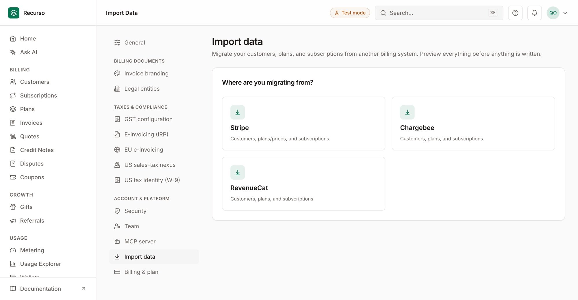 The Import wizard in Settings → Import data