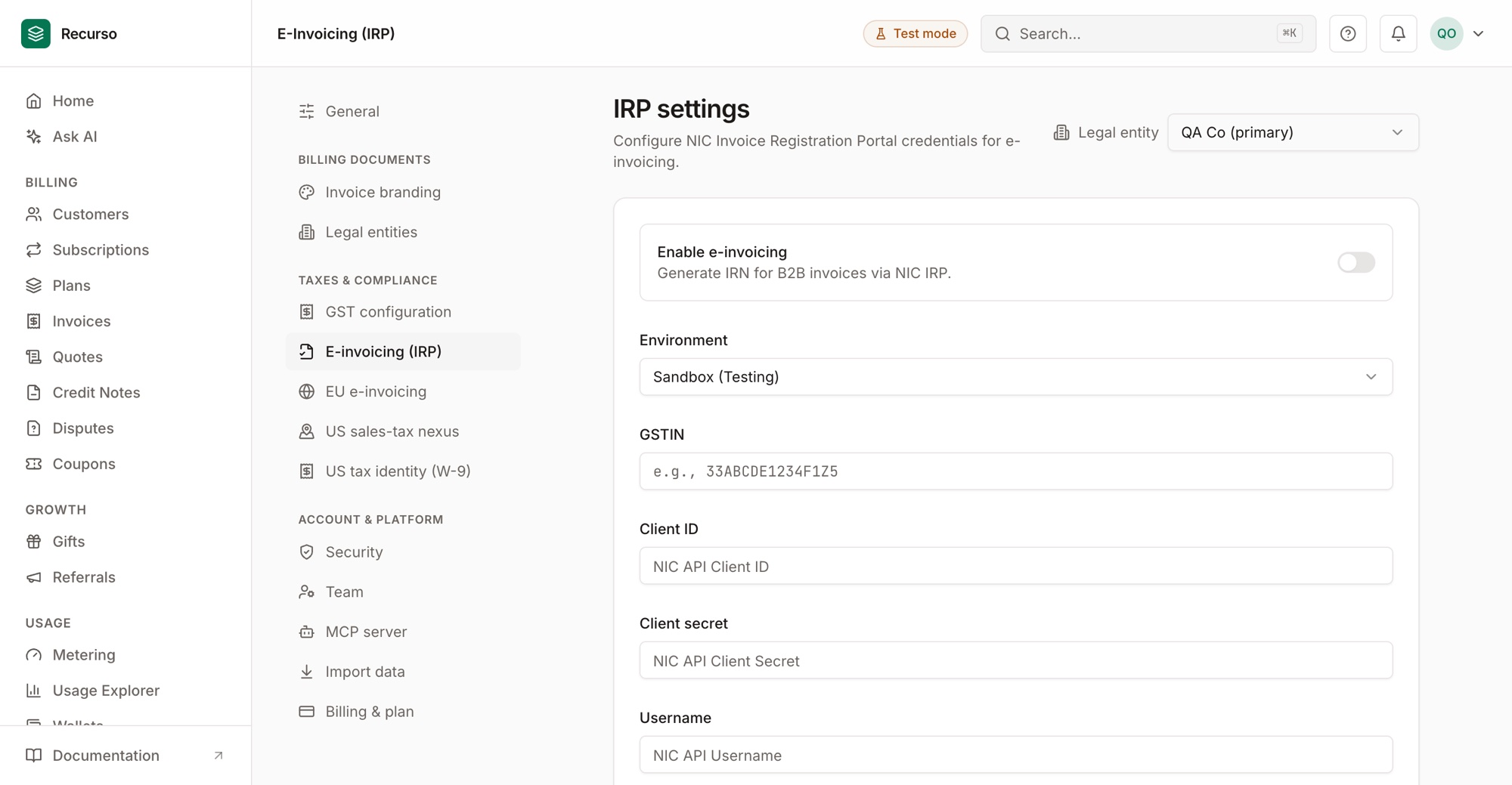 E-invoicing (IRP) settings