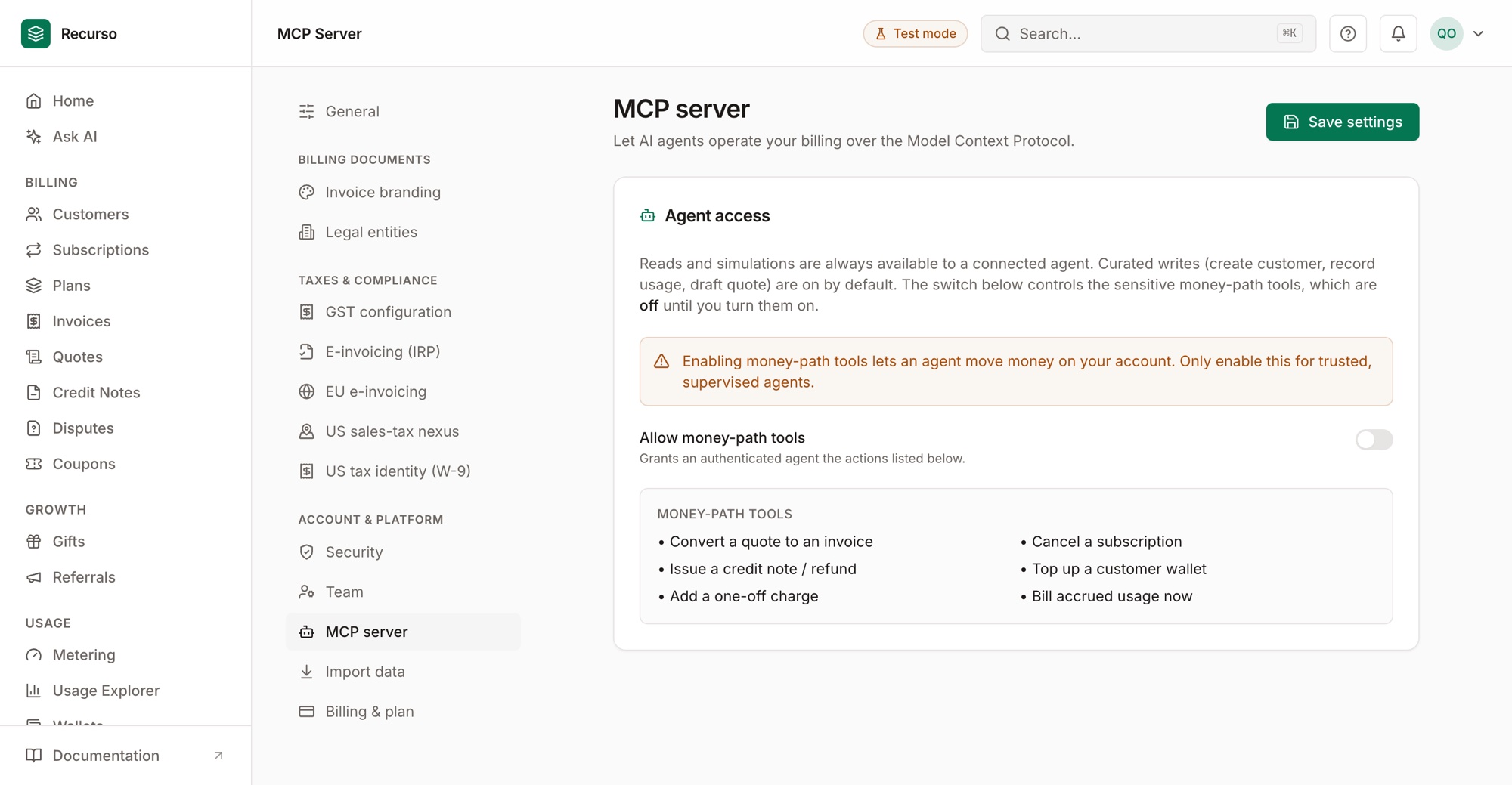 MCP server settings — money-path tools are off by default