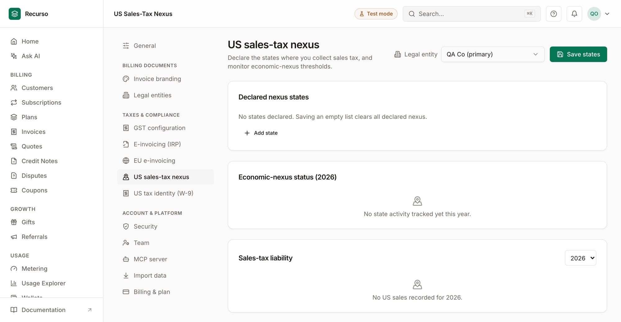 Per-state nexus monitoring in the Recurso dashboard