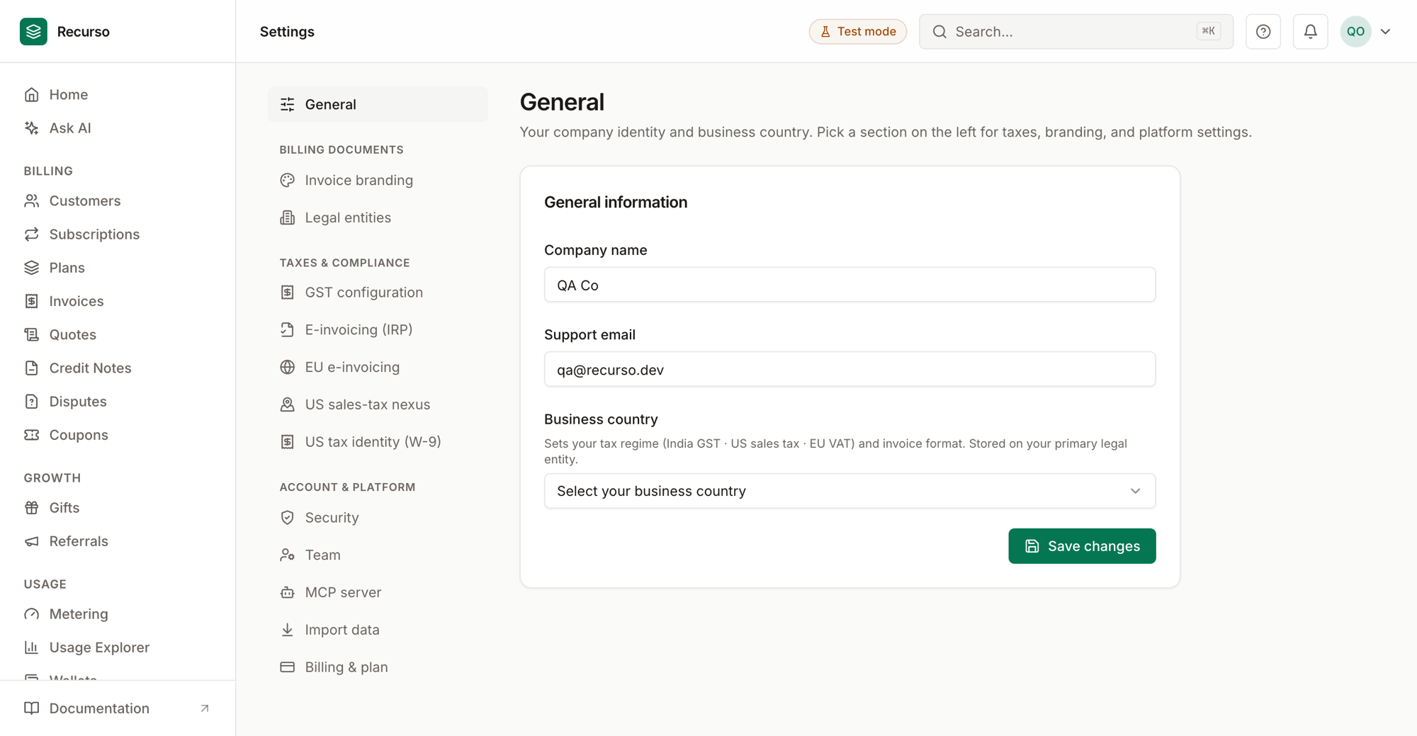 The Settings page in the Recurso dashboard