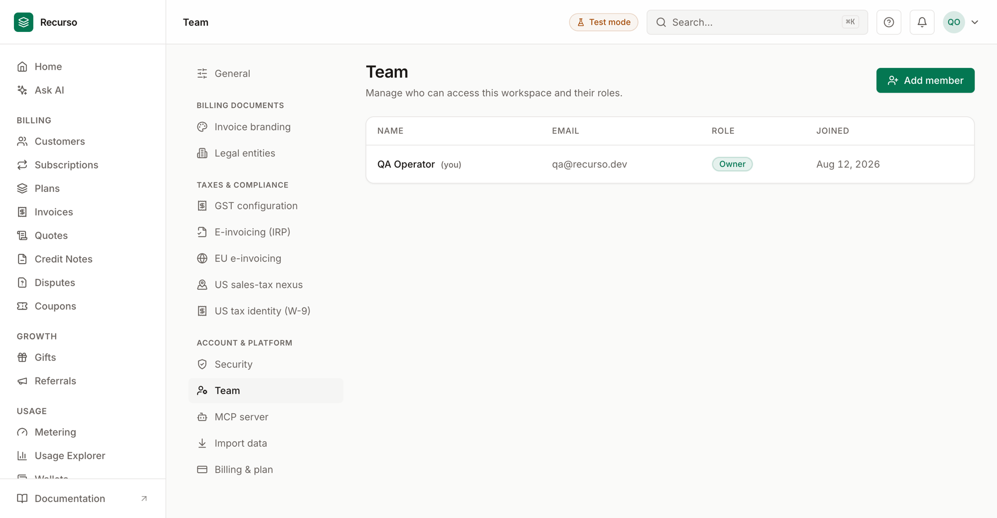 Team & security settings in the Recurso dashboard