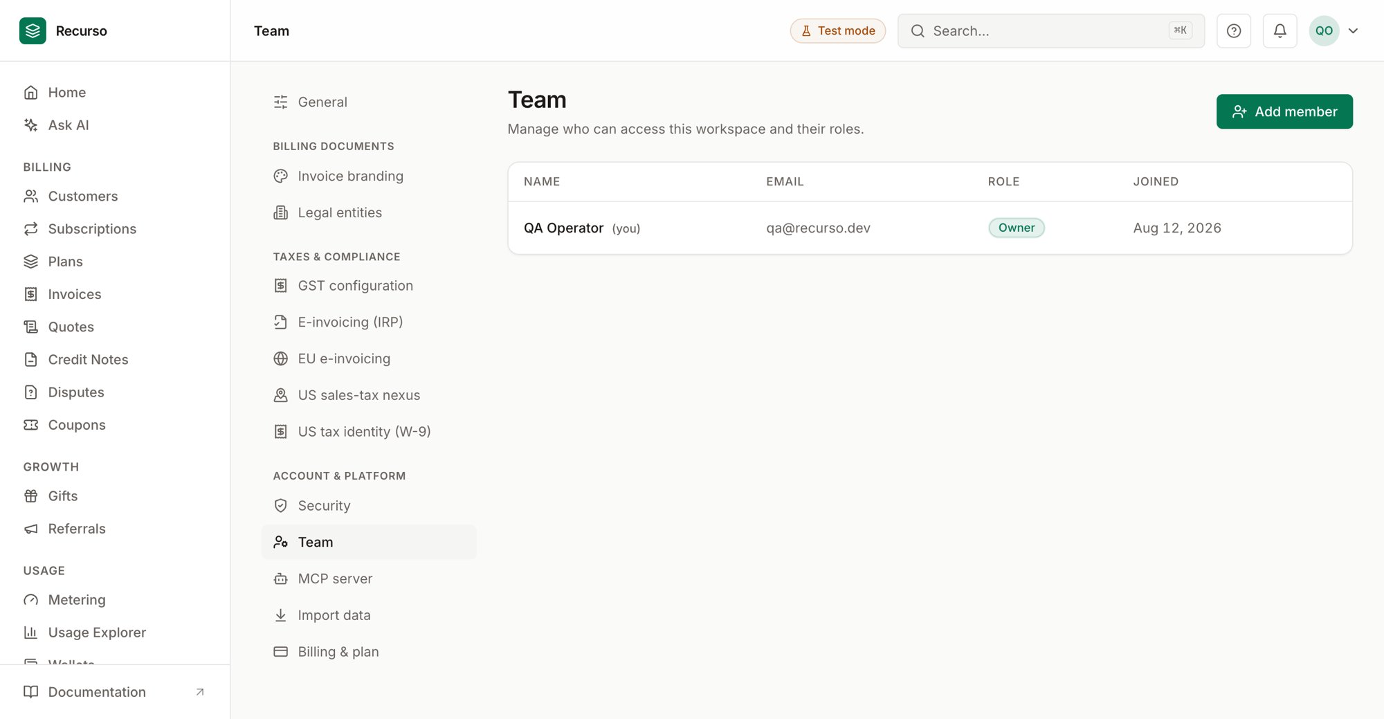 Team & security settings in the Recurso dashboard