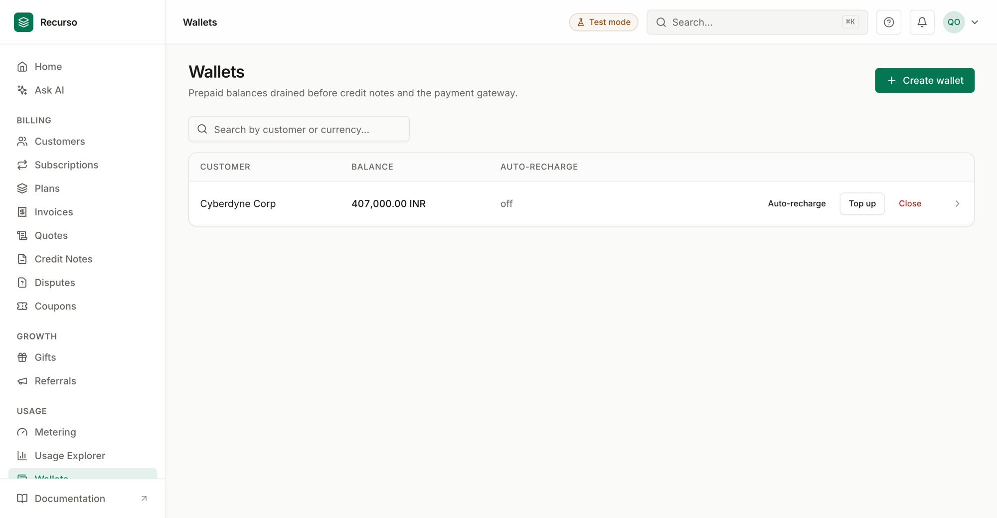The Wallets page in the Recurso dashboard