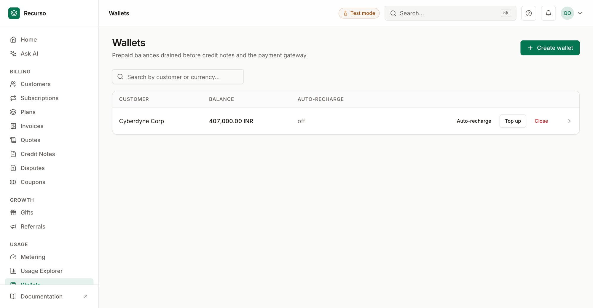 The Wallets page in the Recurso dashboard