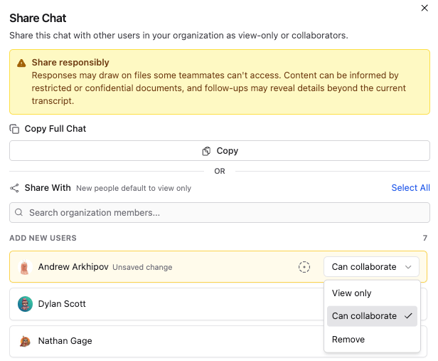 The Share Chat dialog with view-only and collaborate permissions