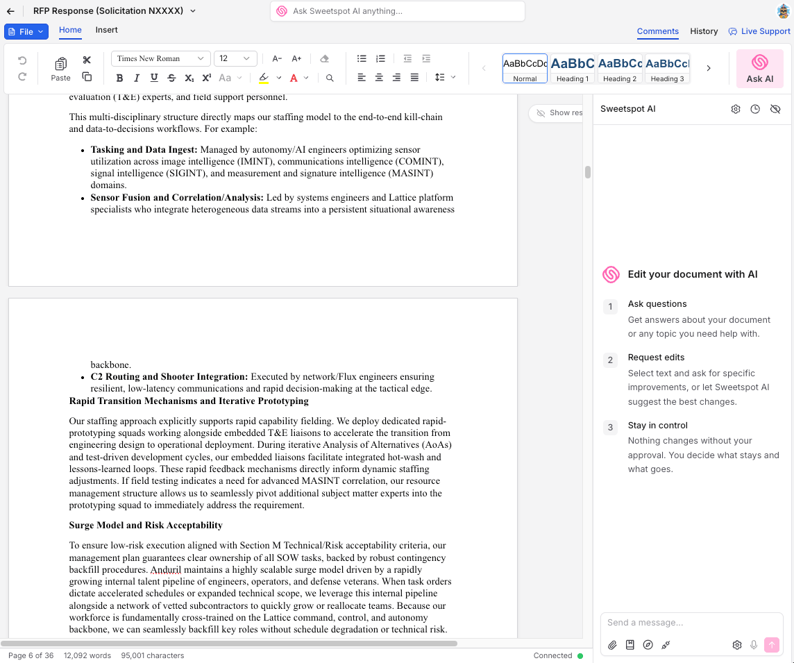 The Sweetspot proposal editor with the Sweetspot AI panel