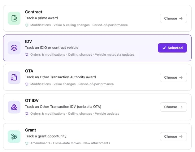 Choosing the type of record an opportunity monitor tracks