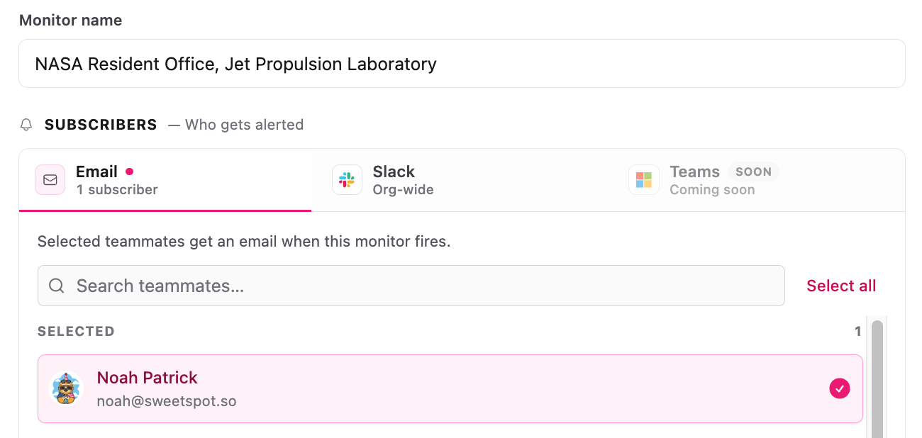 Choosing monitor subscribers across email, Slack, and Teams