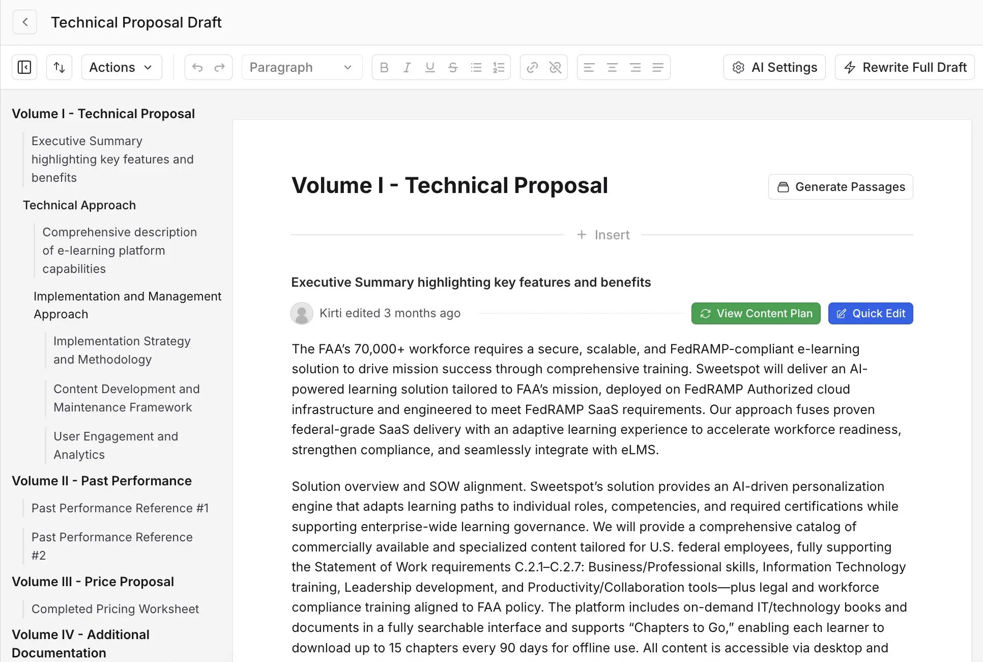 A proposal draft outline with per-passage content plans