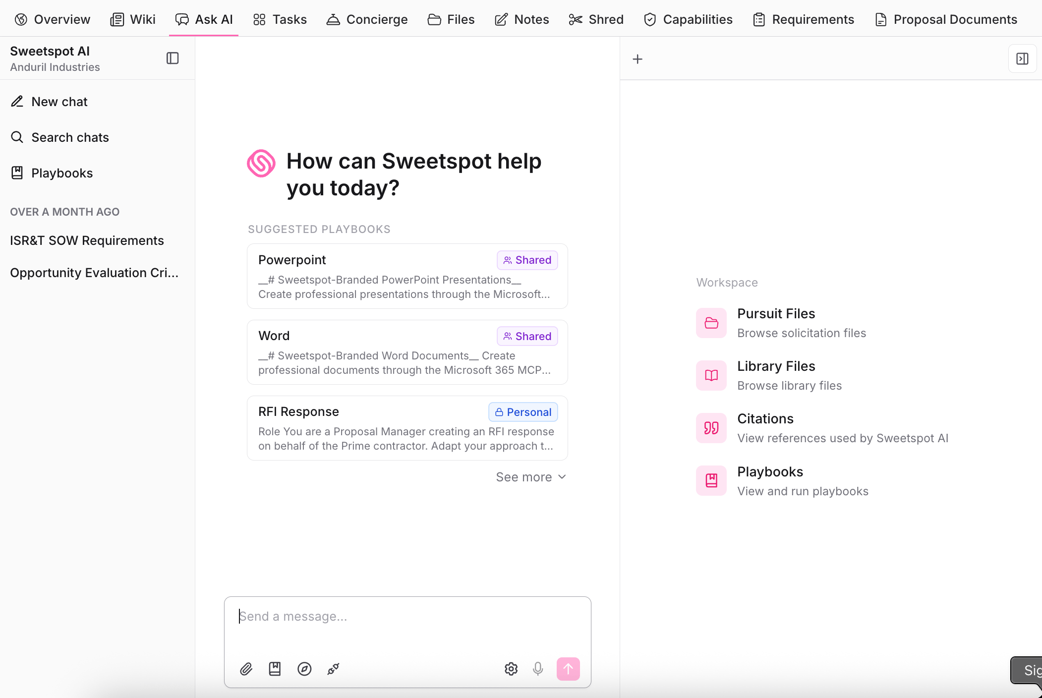 The pursuit Ask AI tab with suggested Playbooks and workspace files
