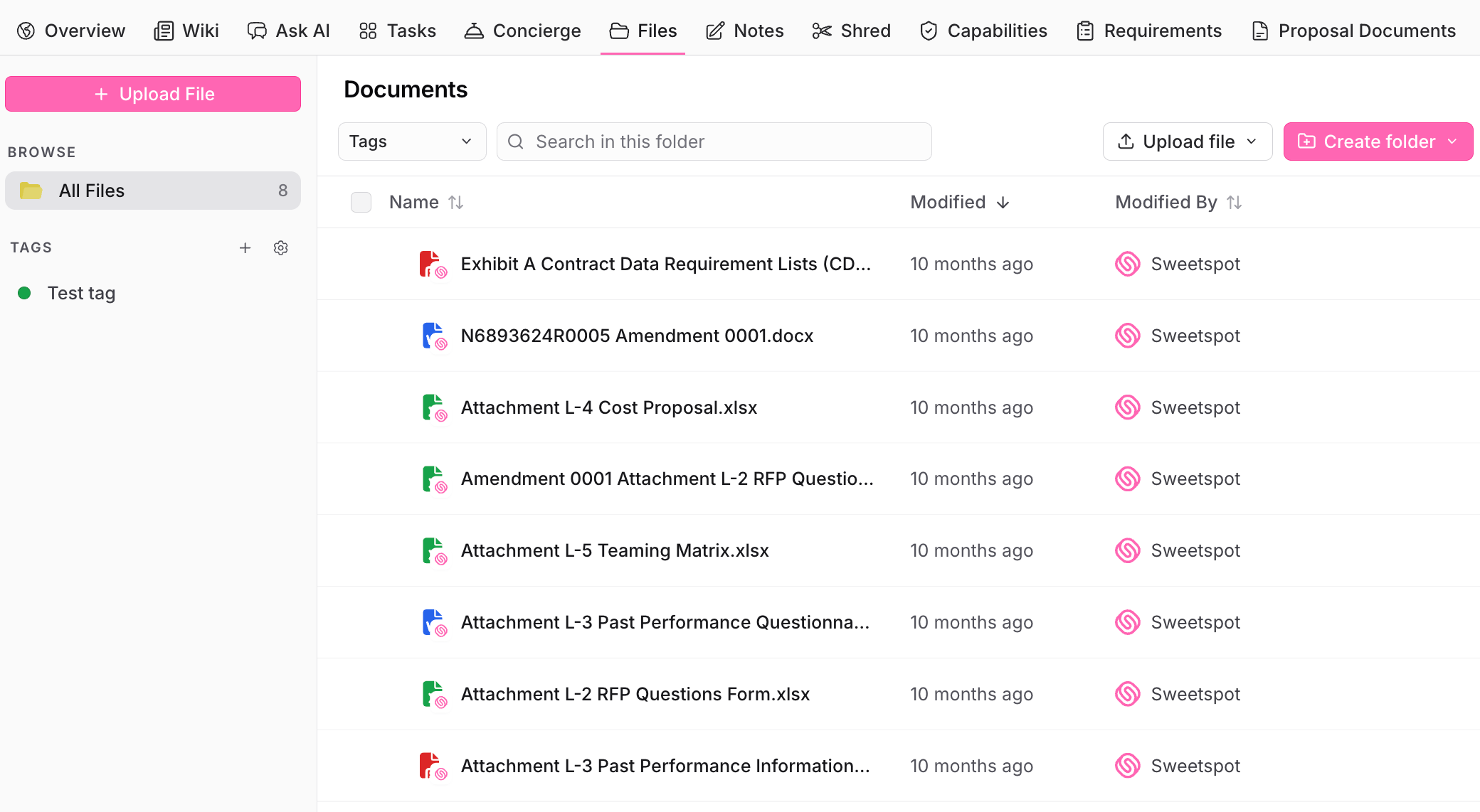 The pursuit Files tab with documents, folders, and tags