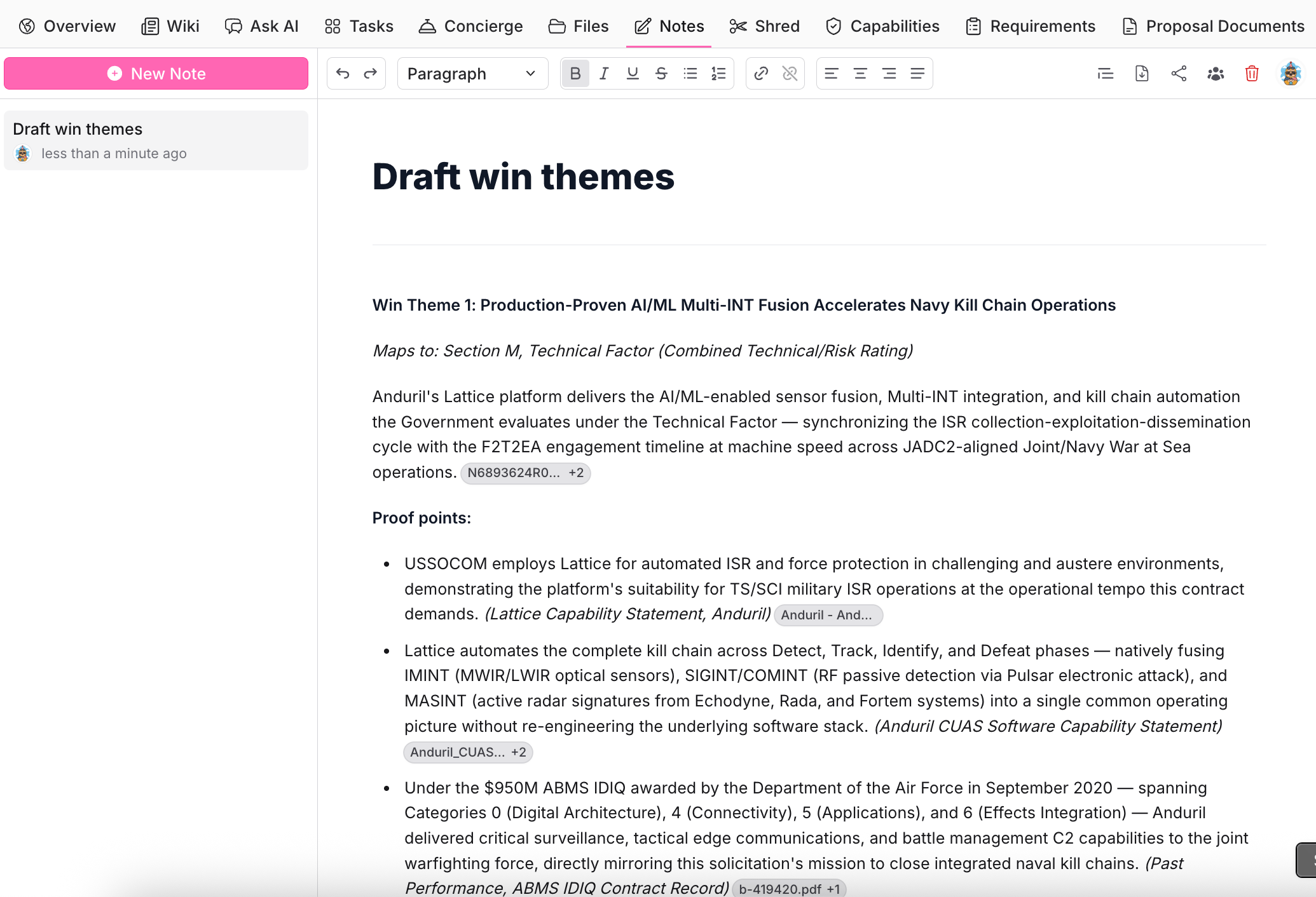 The pursuit Notes tab with a draft win themes note