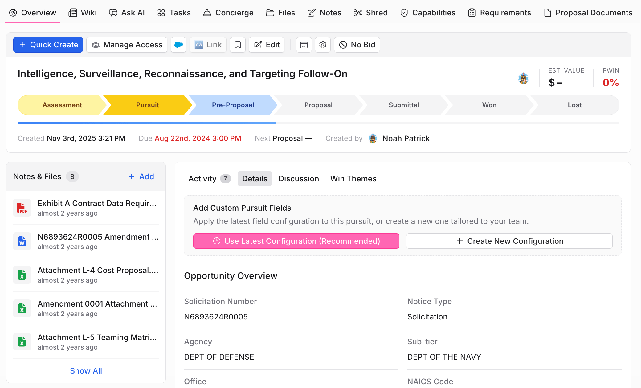 The pursuit Overview tab with stage pipeline and opportunity details