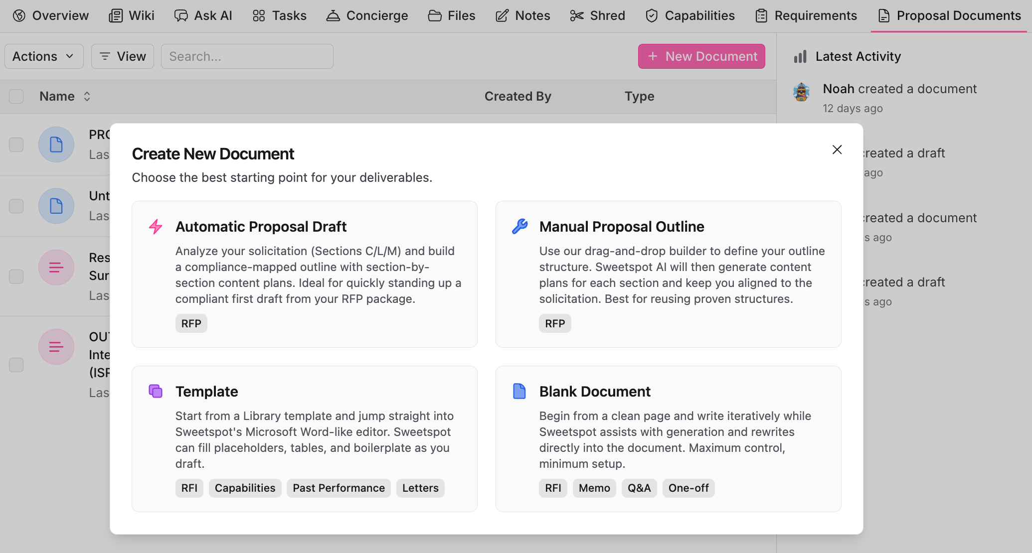 Creating a new proposal document with four starting points
