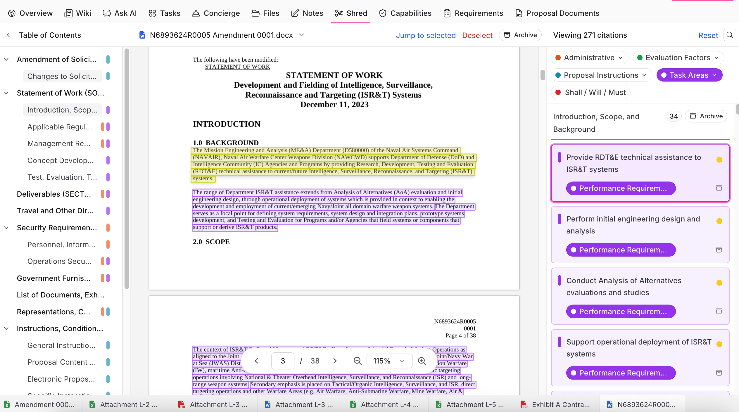 The Shred tab with a parsed solicitation and categorized citations