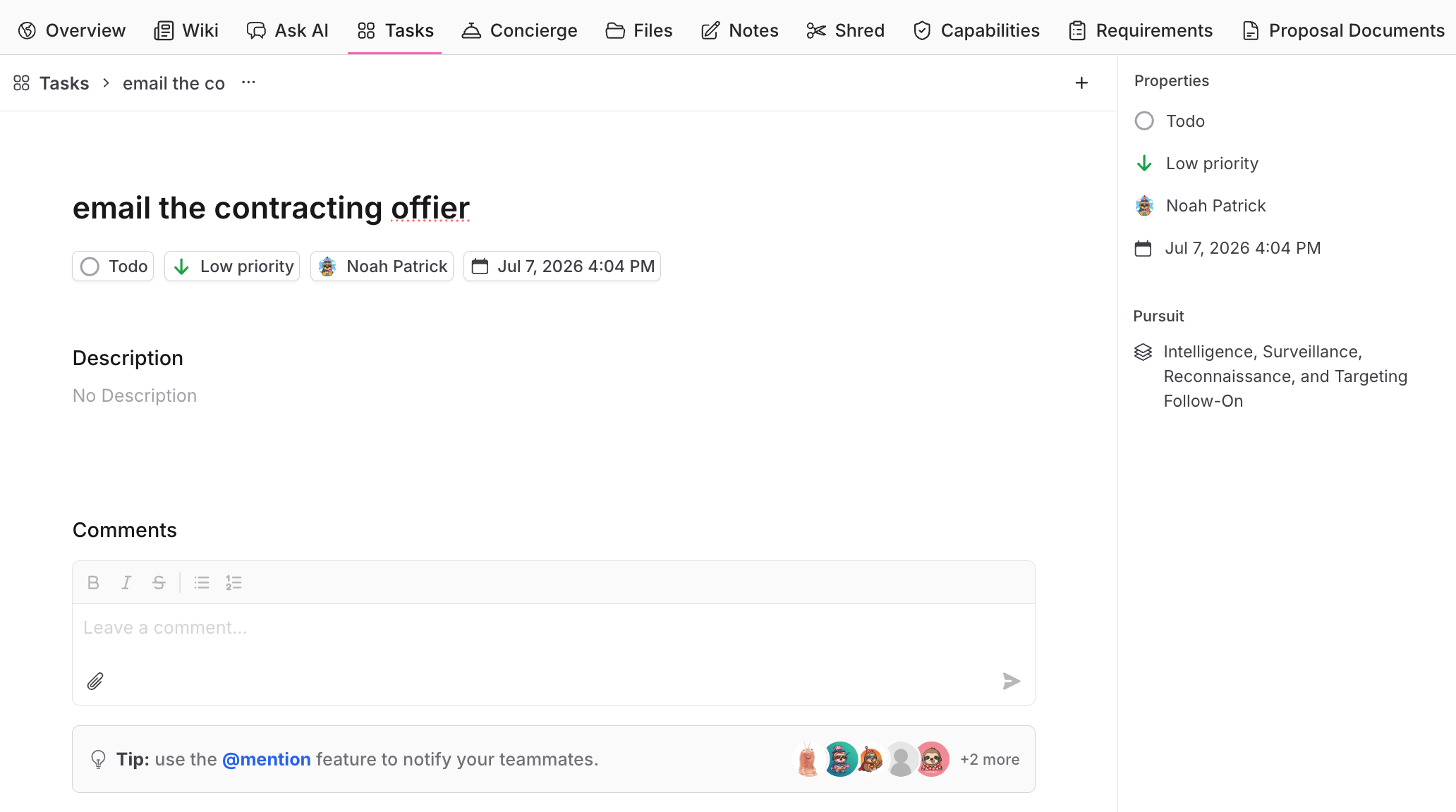 A task in the pursuit Tasks tab with status, priority, assignee, and comments