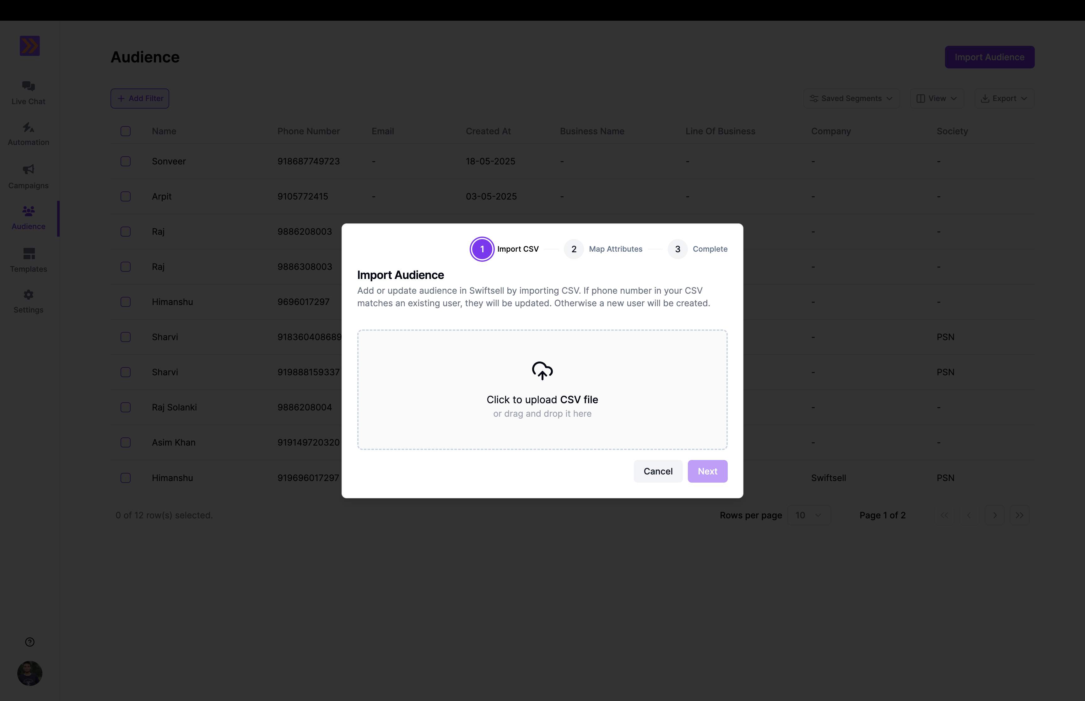 Import audience interface with CSV upload option