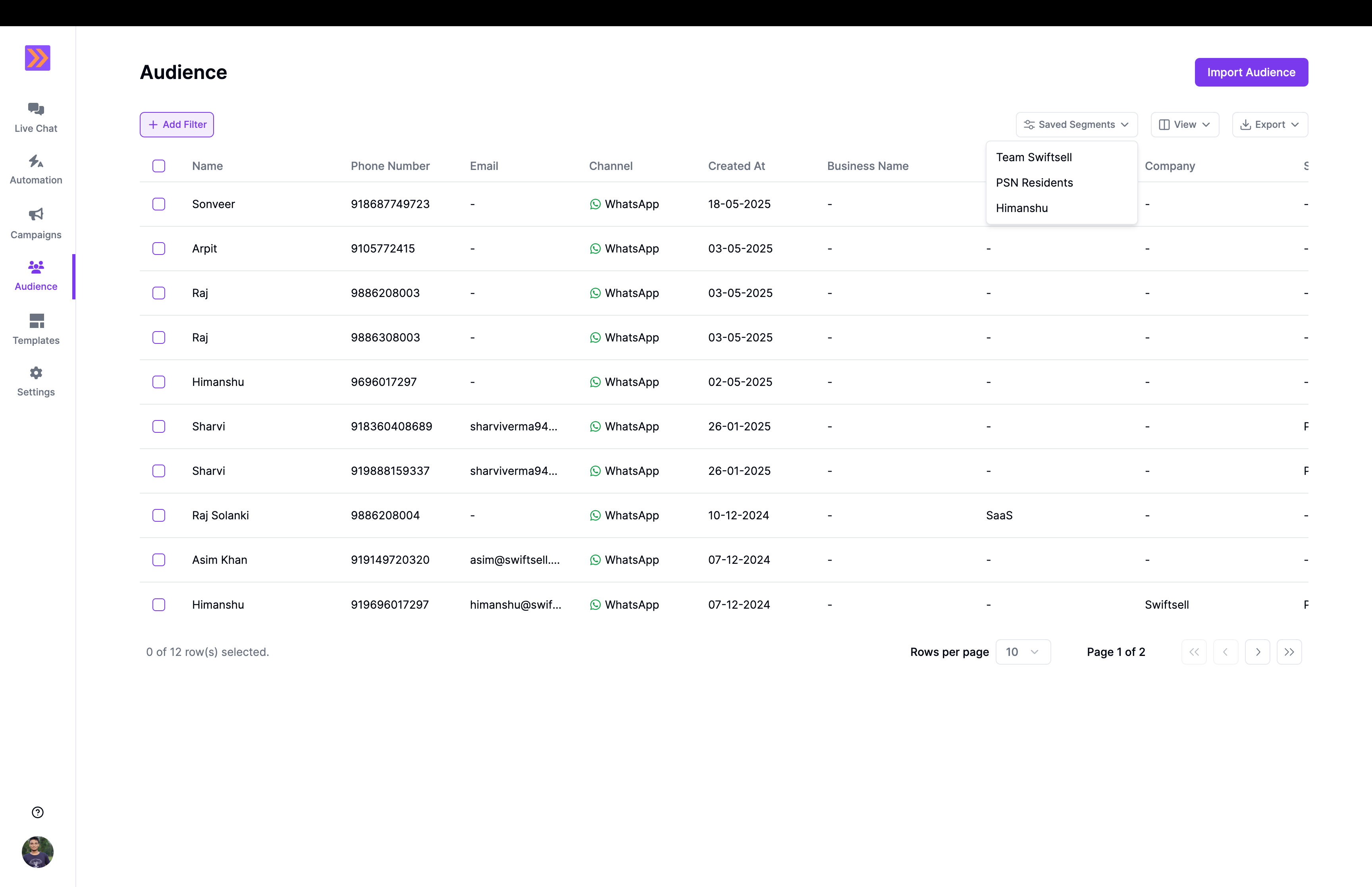 List of saved segments