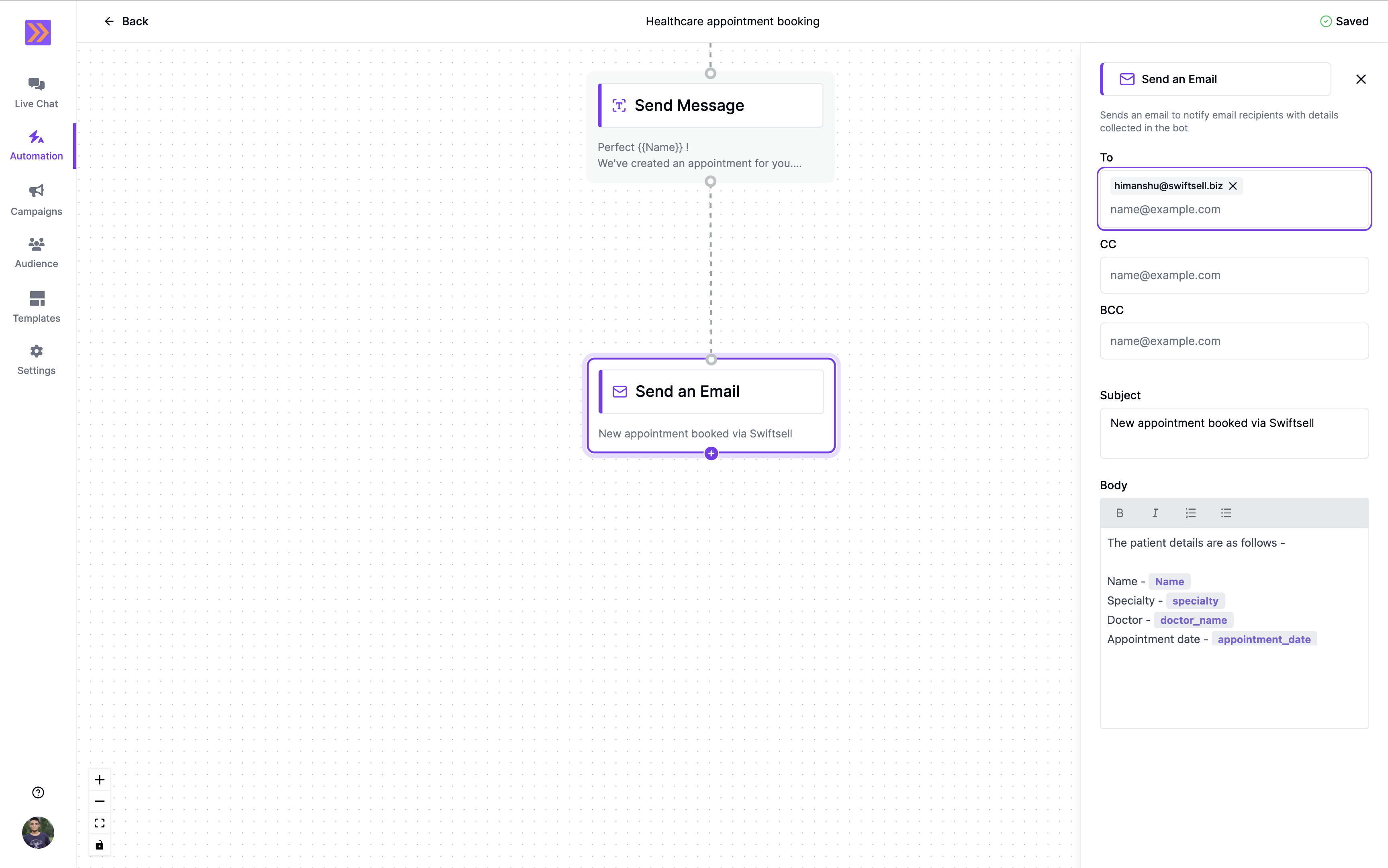 Send an Email Block Screenshot