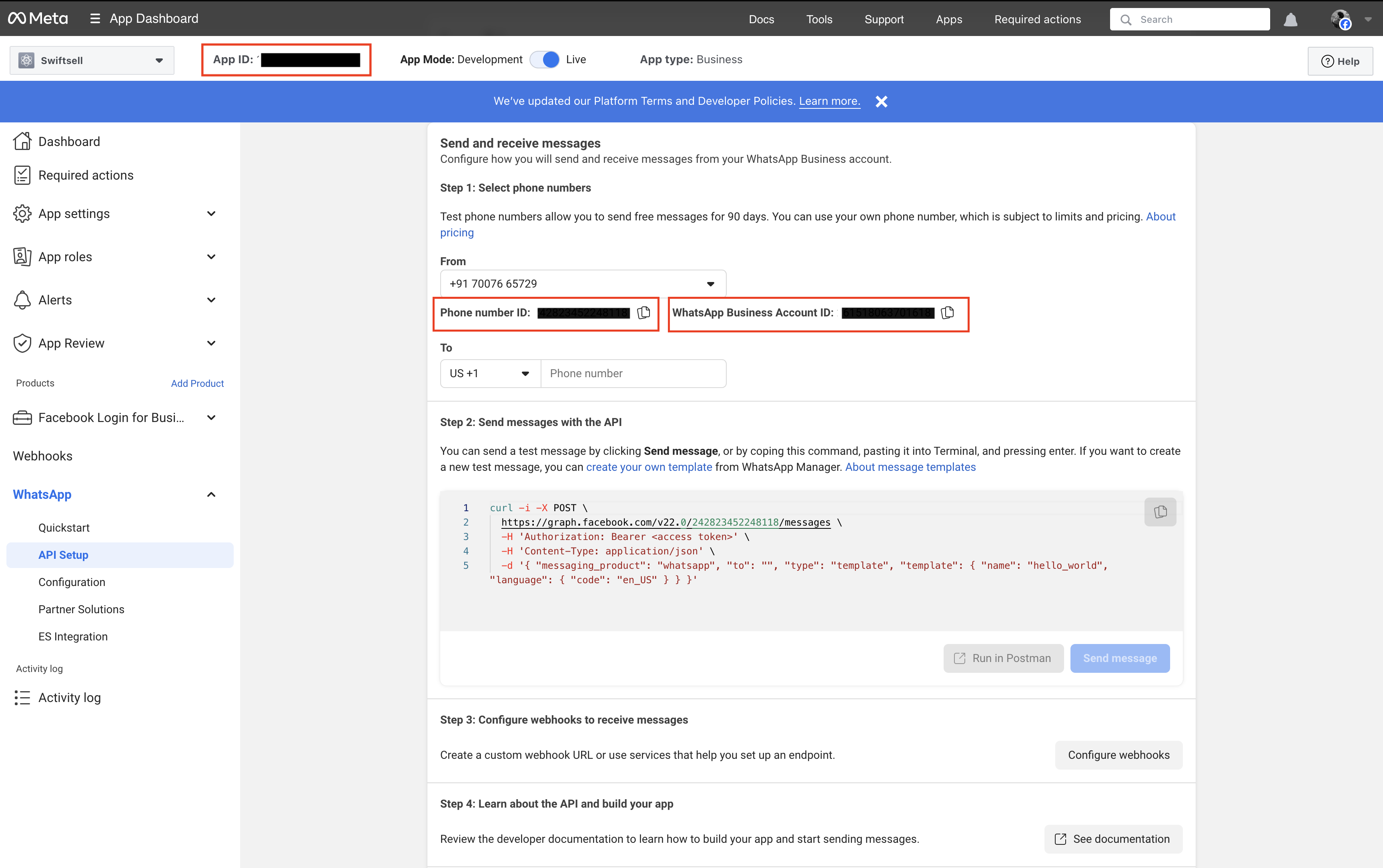 Meta Developer Dashboard showing App ID, Phone Number ID and WhatsApp Business Account ID