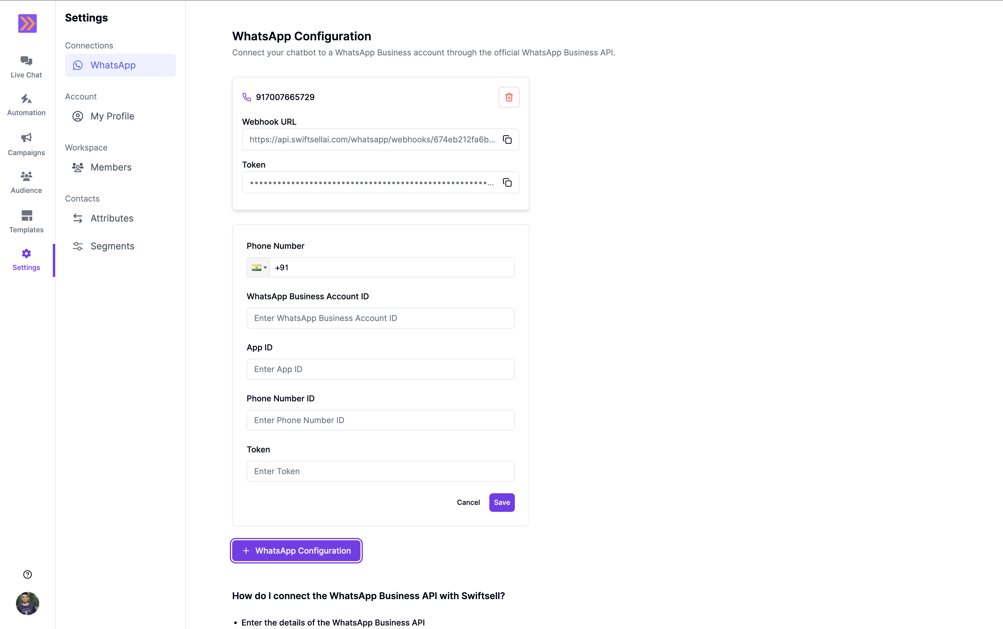 SwiftSell WhatsApp configuration interface showing App ID, Phone Number ID and WhatsApp Business Account ID fields