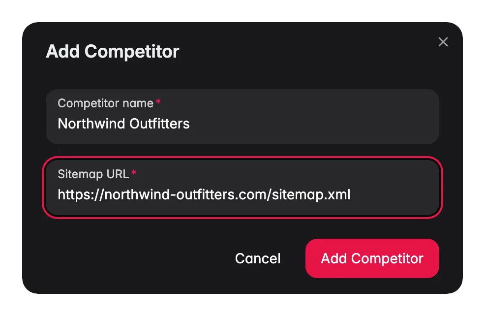 Modal de WISEPIM para añadir un competidor SEO rastreando una tienda rival por la URL de su sitemap