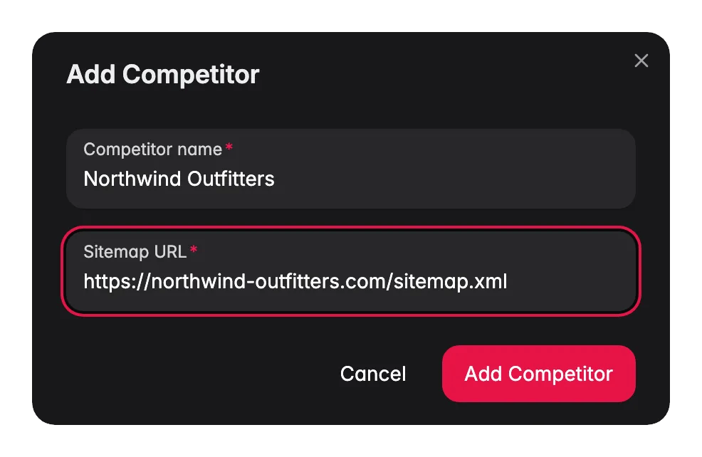 Modal de WISEPIM para añadir un competidor SEO rastreando una tienda rival por la URL de su sitemap
