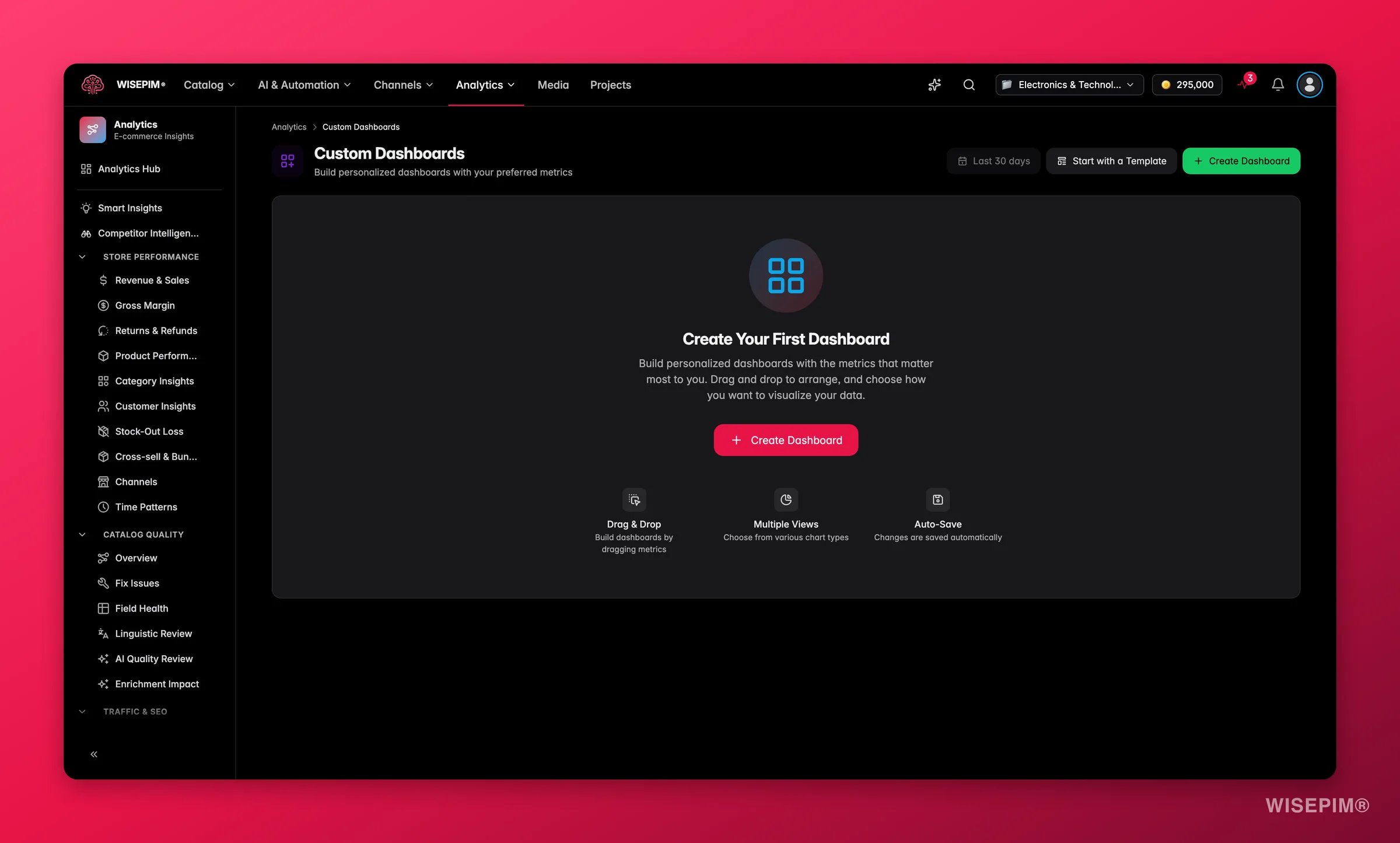 WISEPIM custom analytics dashboards built from catalog and revenue widgets