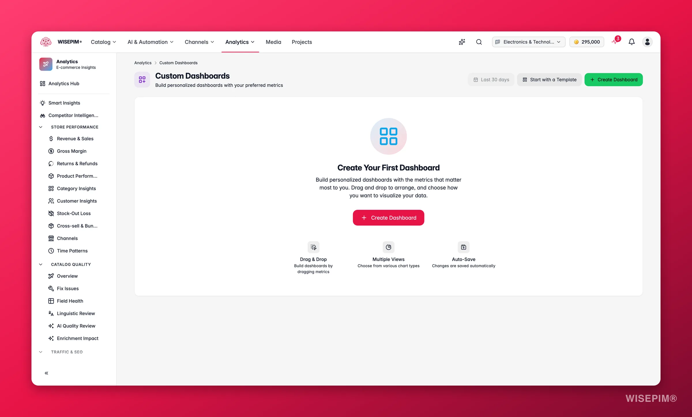 WISEPIM custom analytics dashboards built from catalog and revenue widgets