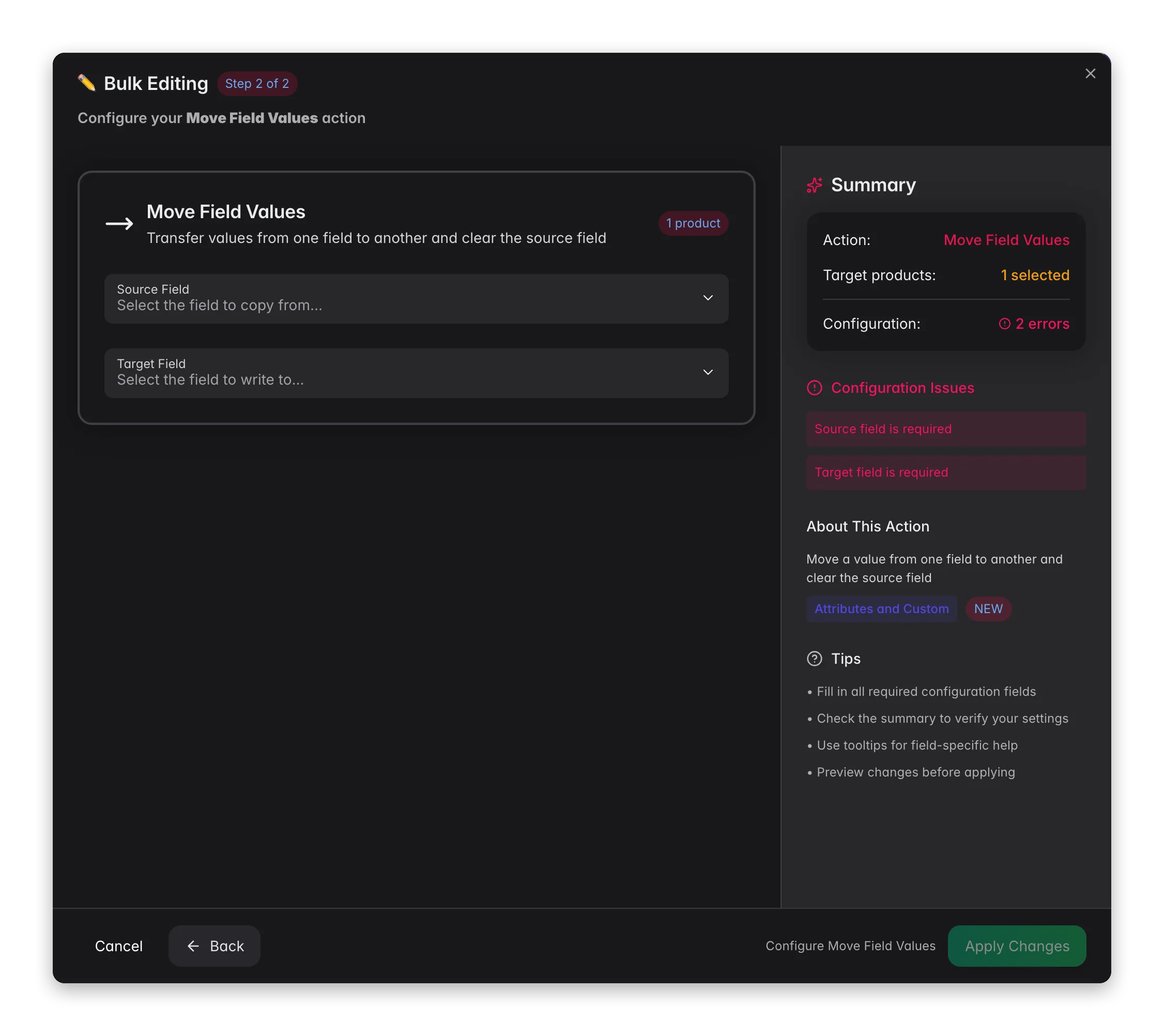 Bulk editing, Move Field Values across many products at once in WISEPIM