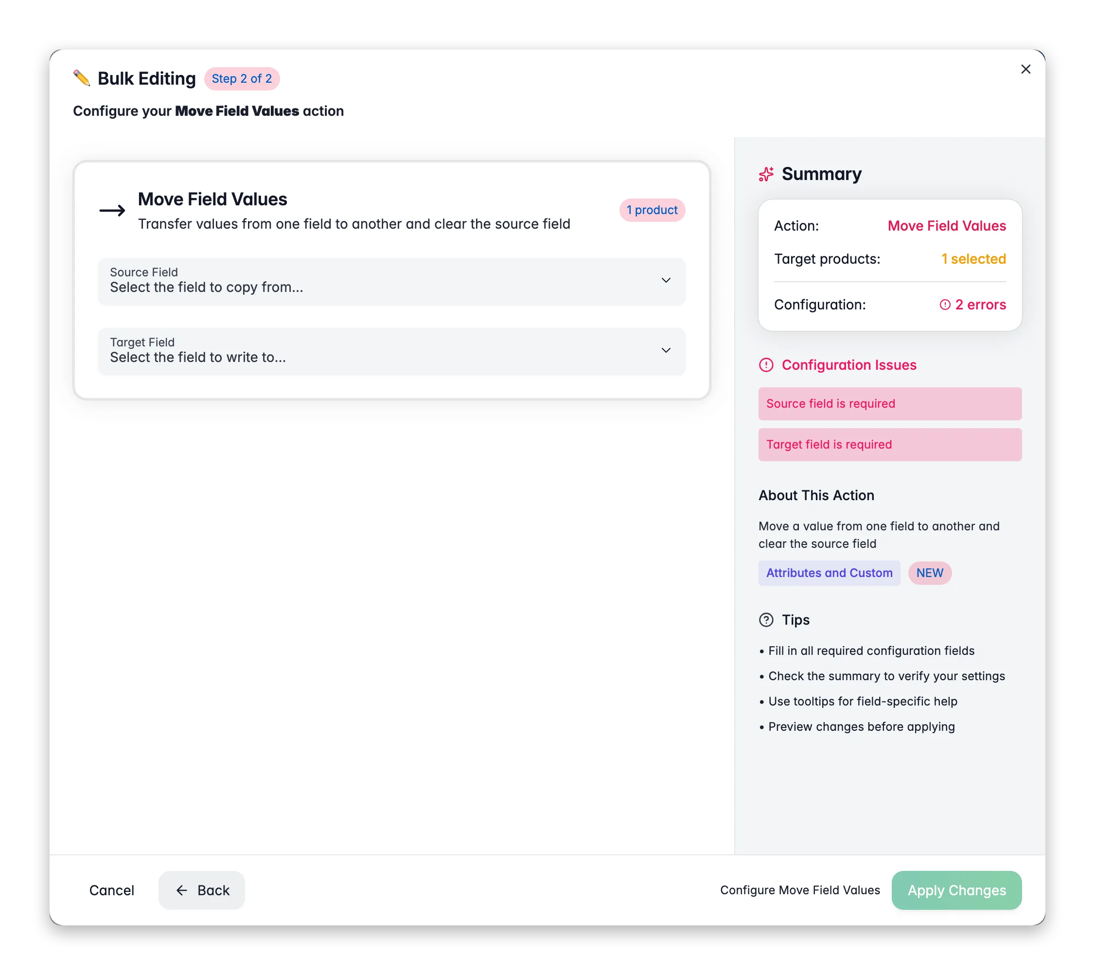 Bulk editing, Move Field Values across many products at once in WISEPIM