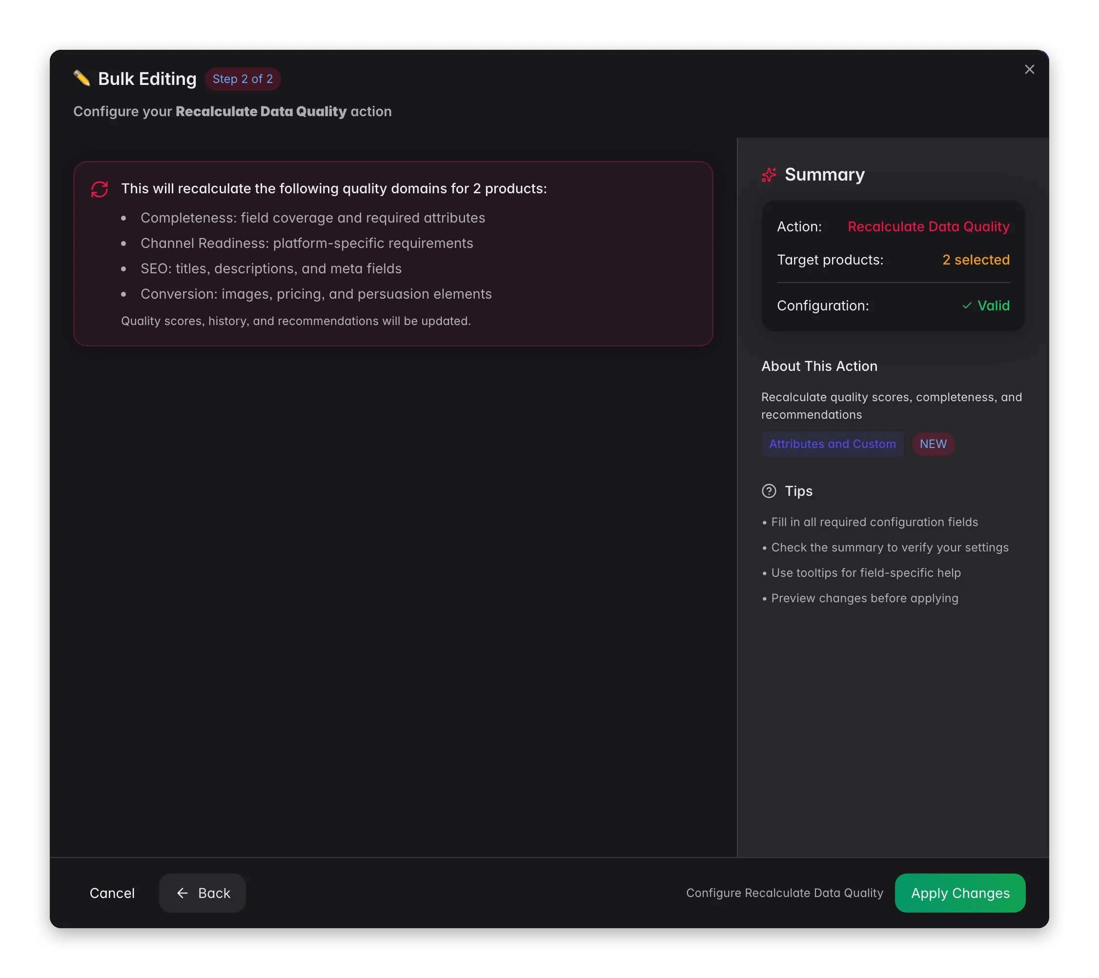 Bulk editing, Recalculate Data Quality across many products at once in WISEPIM